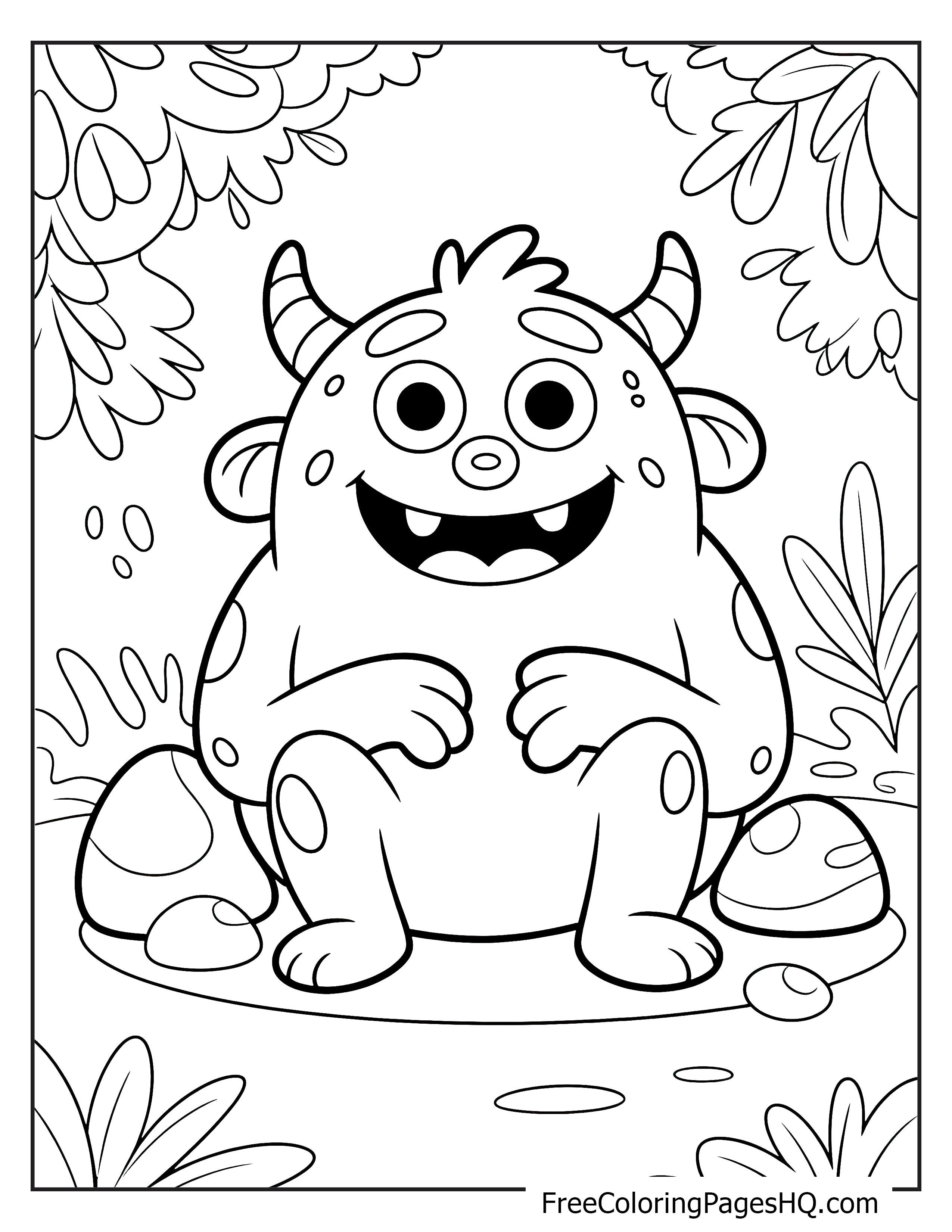 A friendly monster with big eyes and small horns sits in a forest surrounded by foliage.