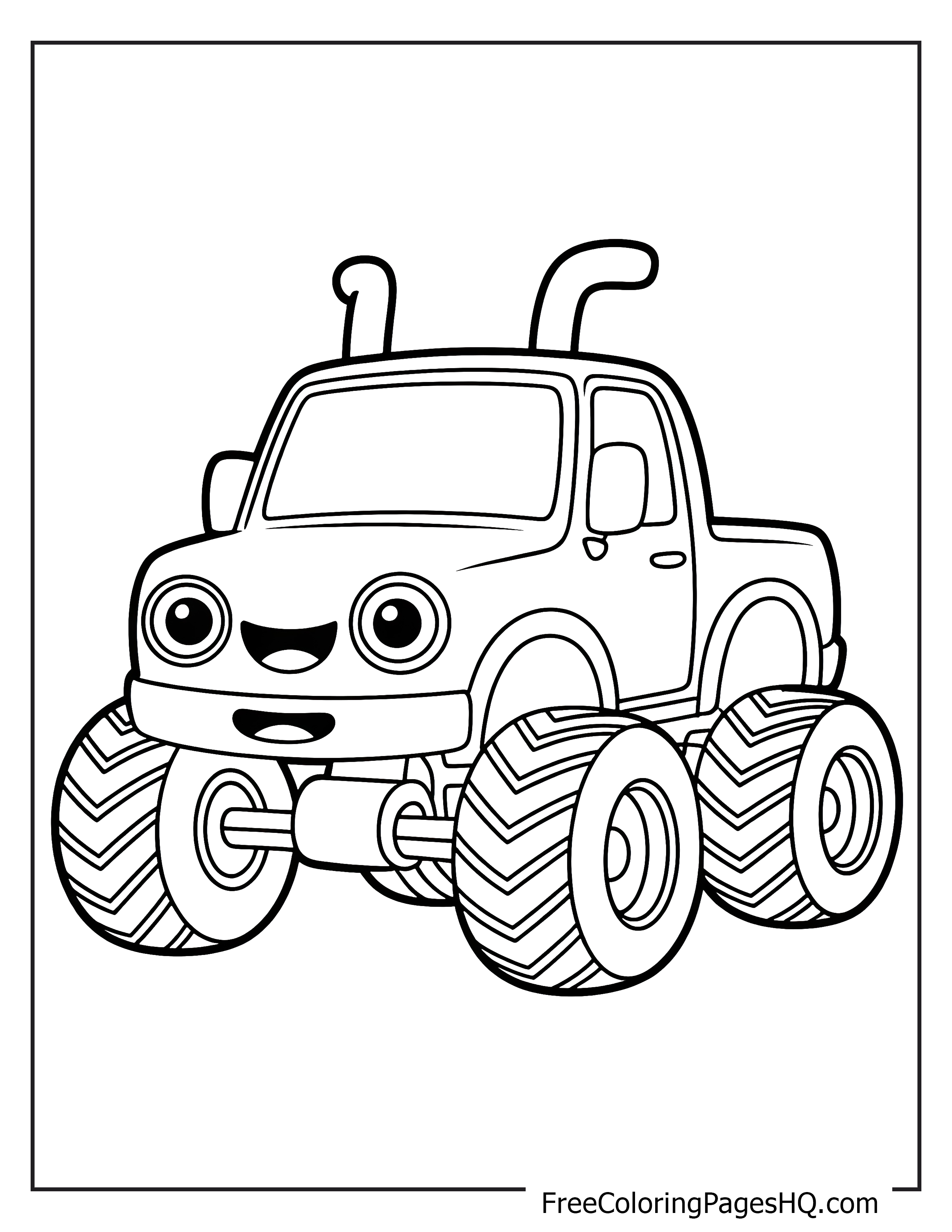 Illustration of a smiling monster truck with big, bouncy tires.