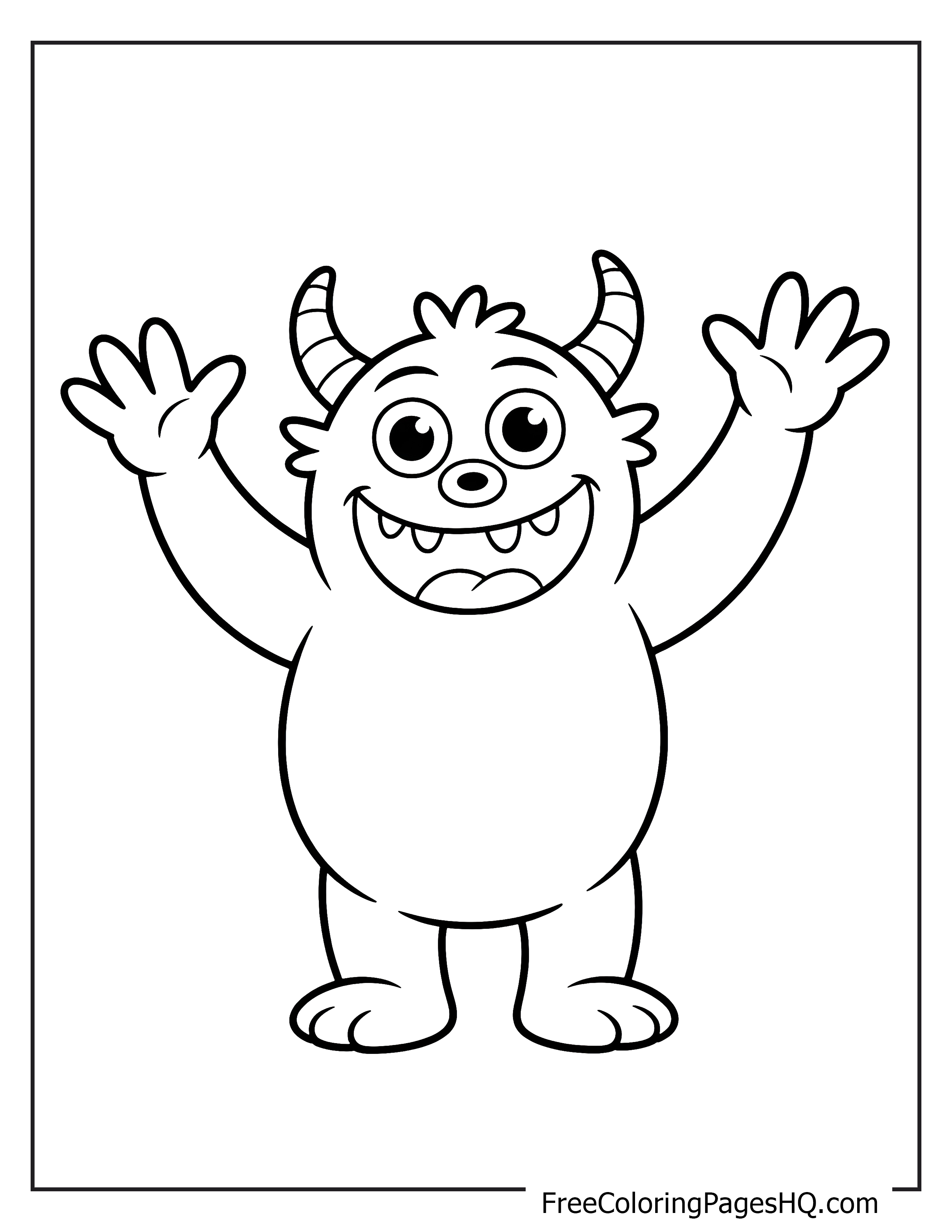 A cheerful monster with a big smile and waving hands.