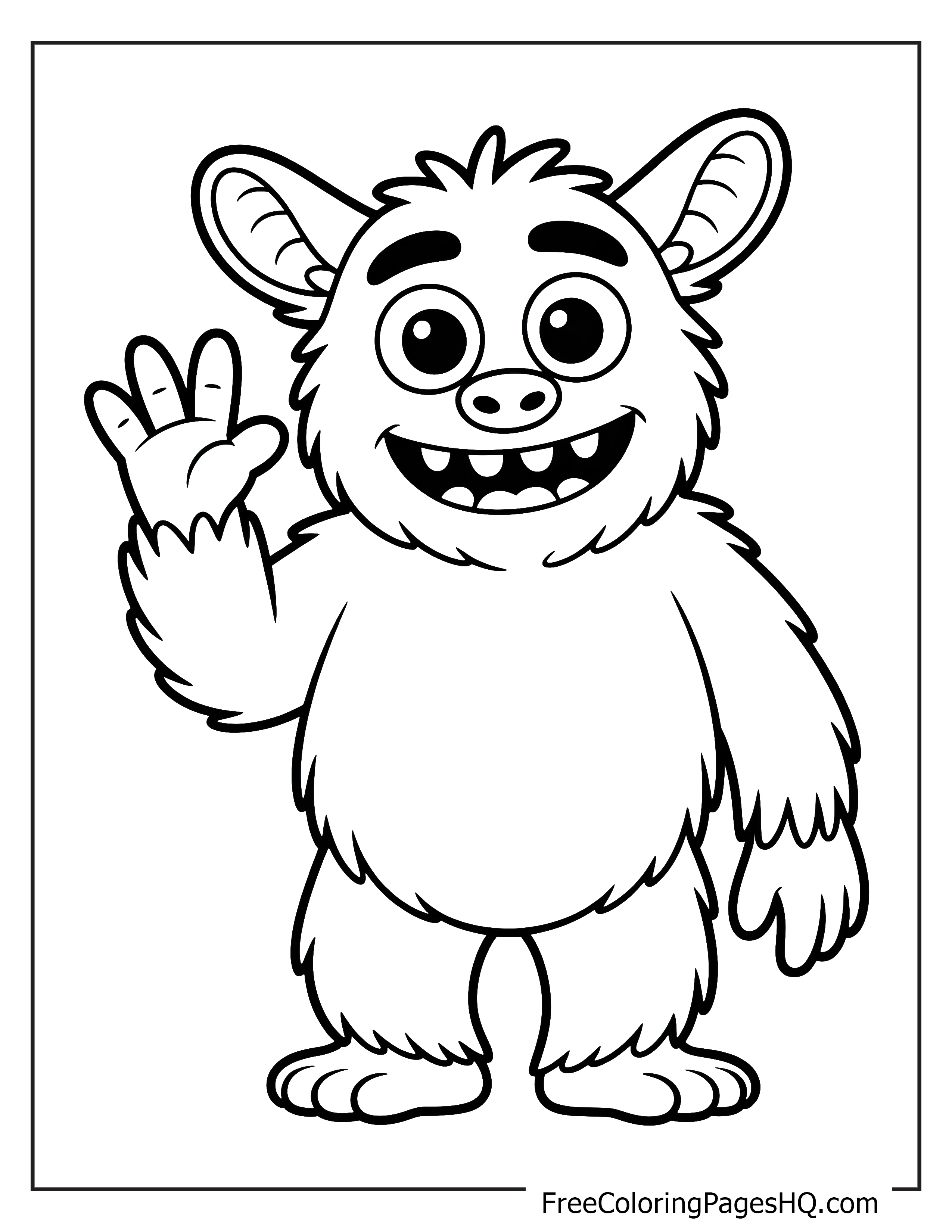 A happy, furry monster waving with a big smile and wide eyes.