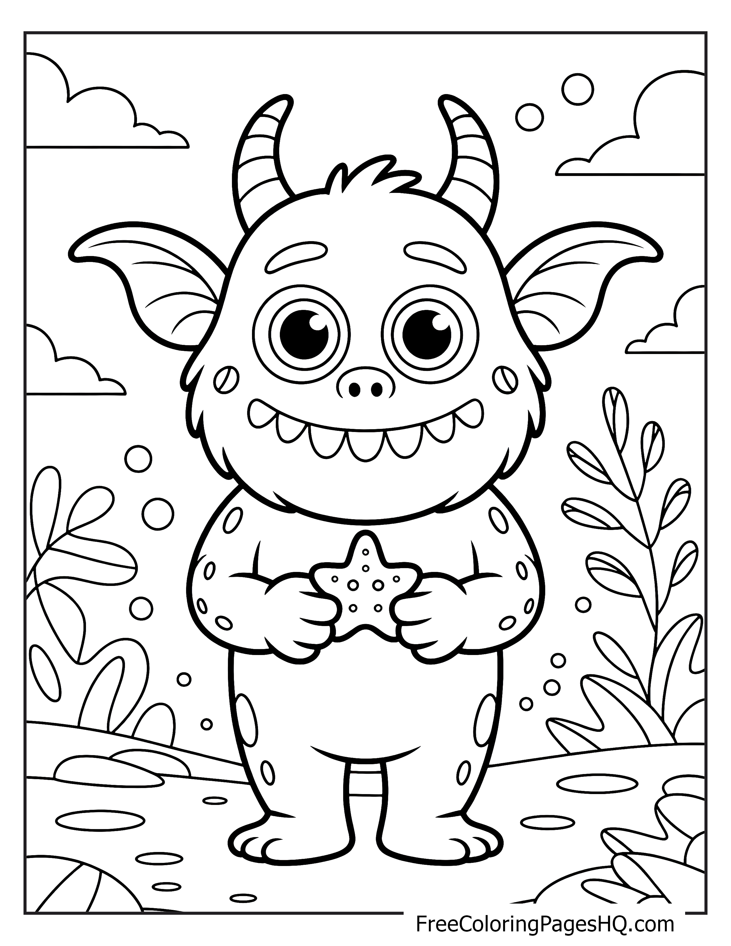 Friendly monster holding a starfish in a playful garden setting.