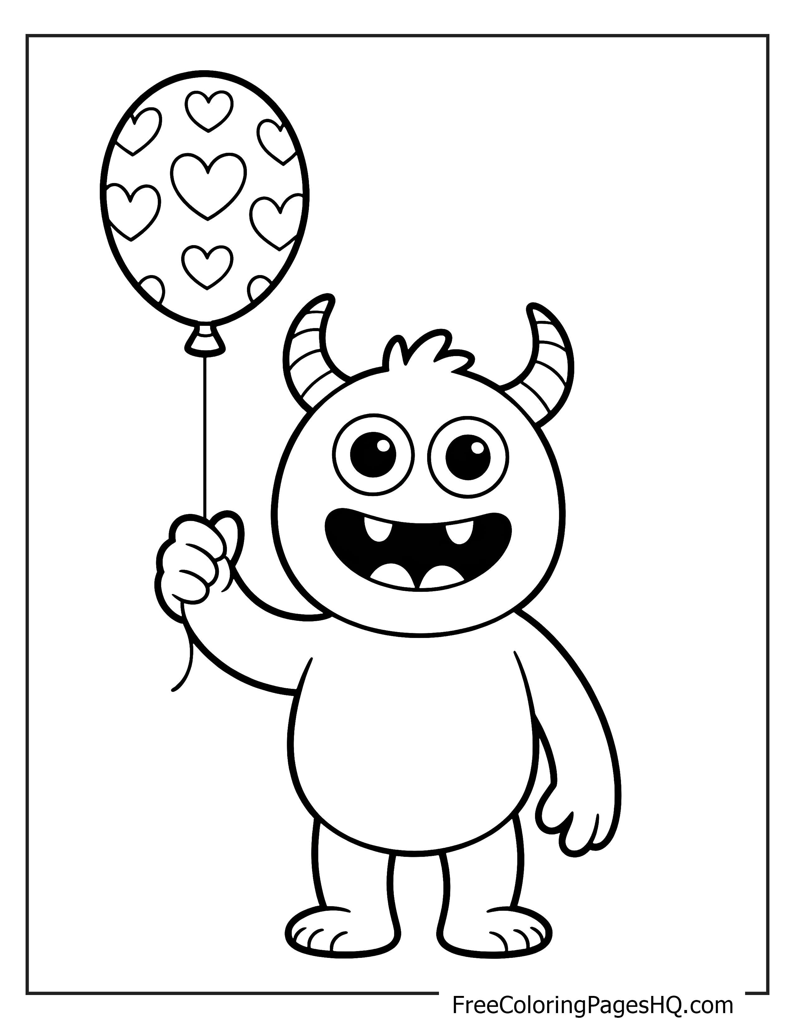 A cheerful monster holding a balloon with heart patterns.