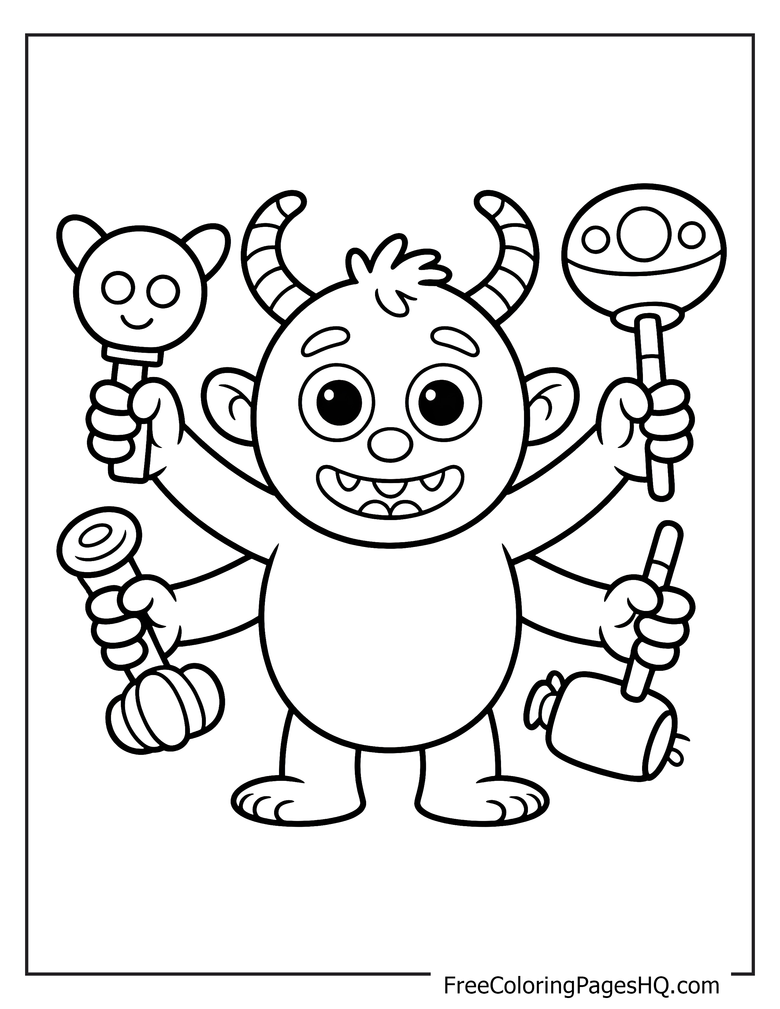 A happy monster holding four toys and smiling with little horns on its head.
