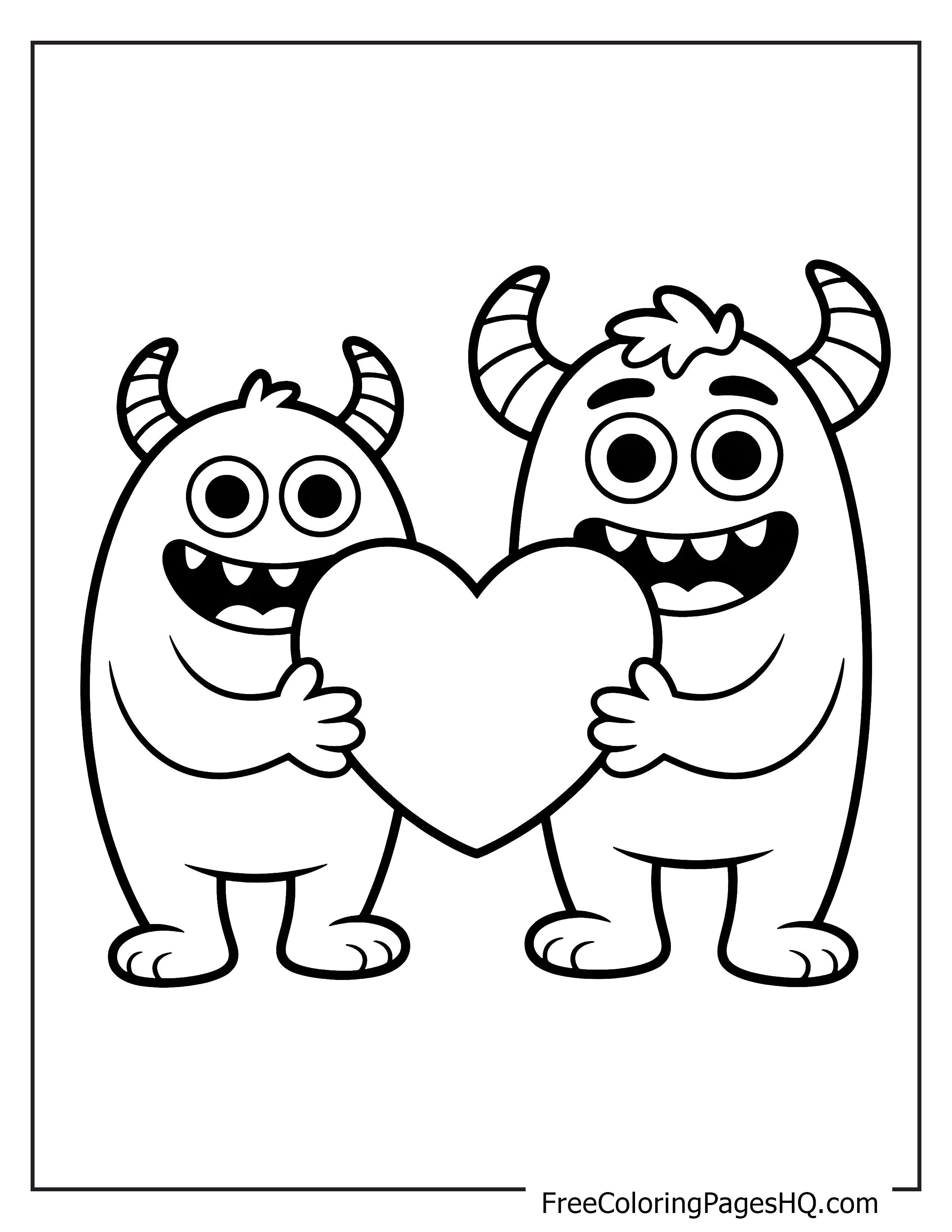 Two happy monsters with horns holding a large heart.