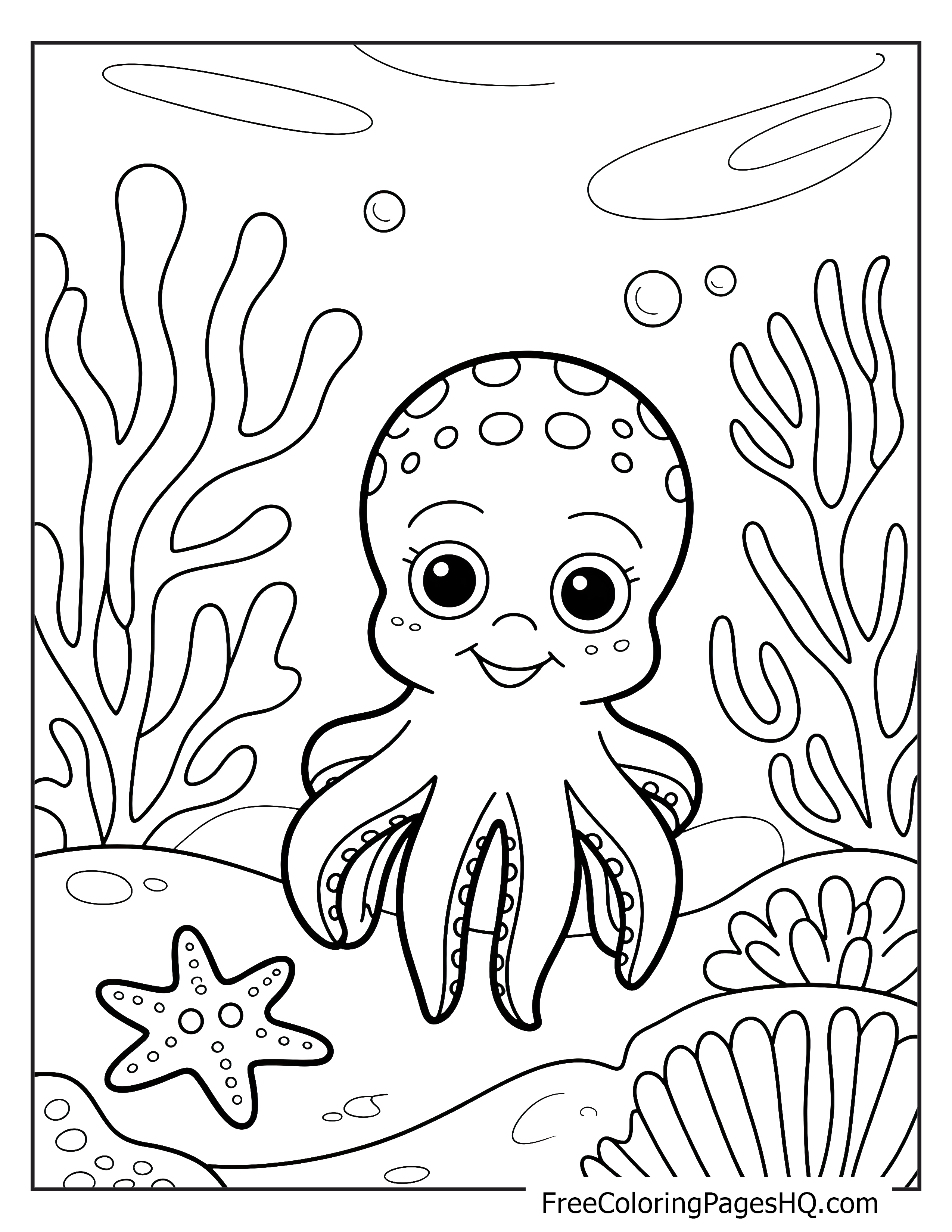 An adorable octopus with big eyes surrounded by corals and a starfish.