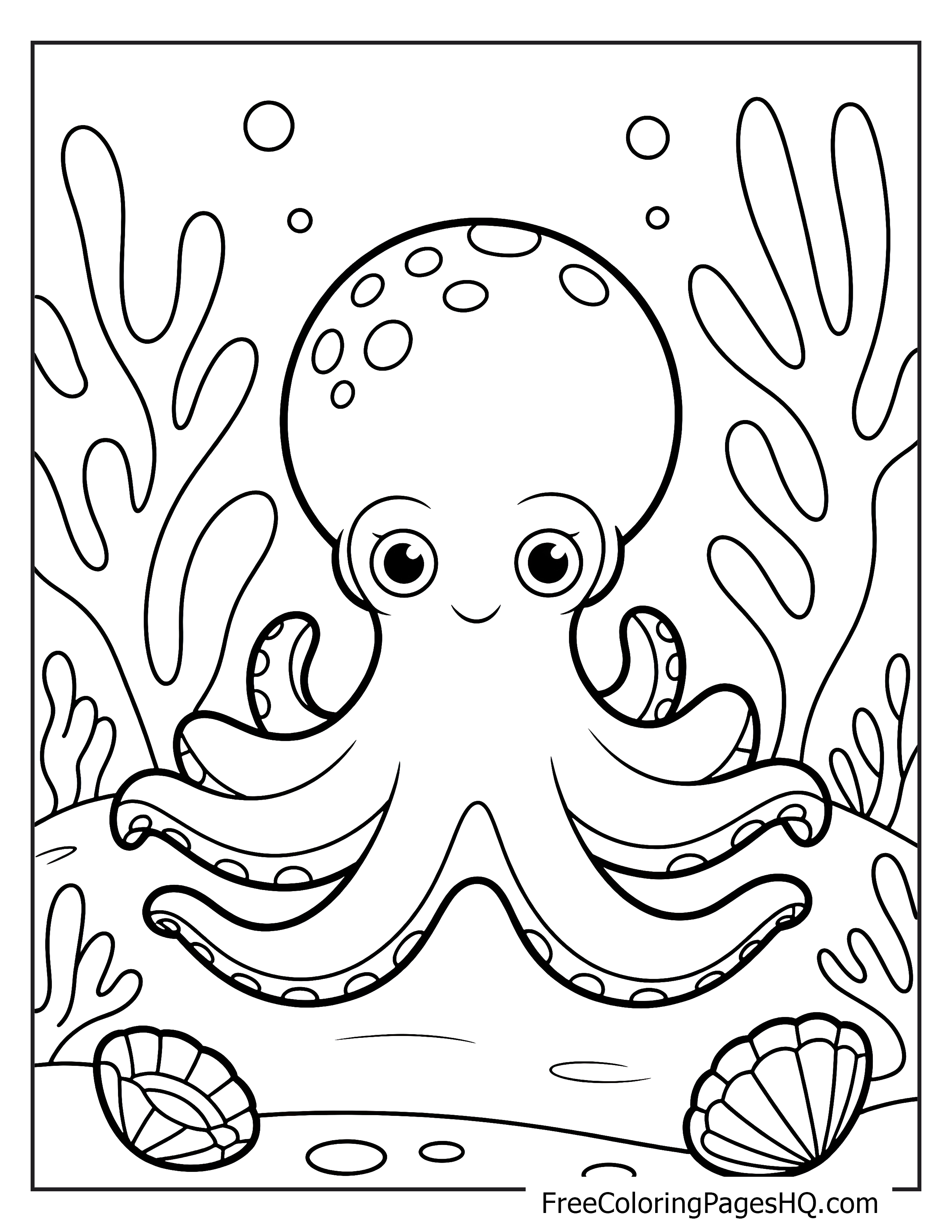 A joyful octopus surrounded by seashells and coral with bubbles above.