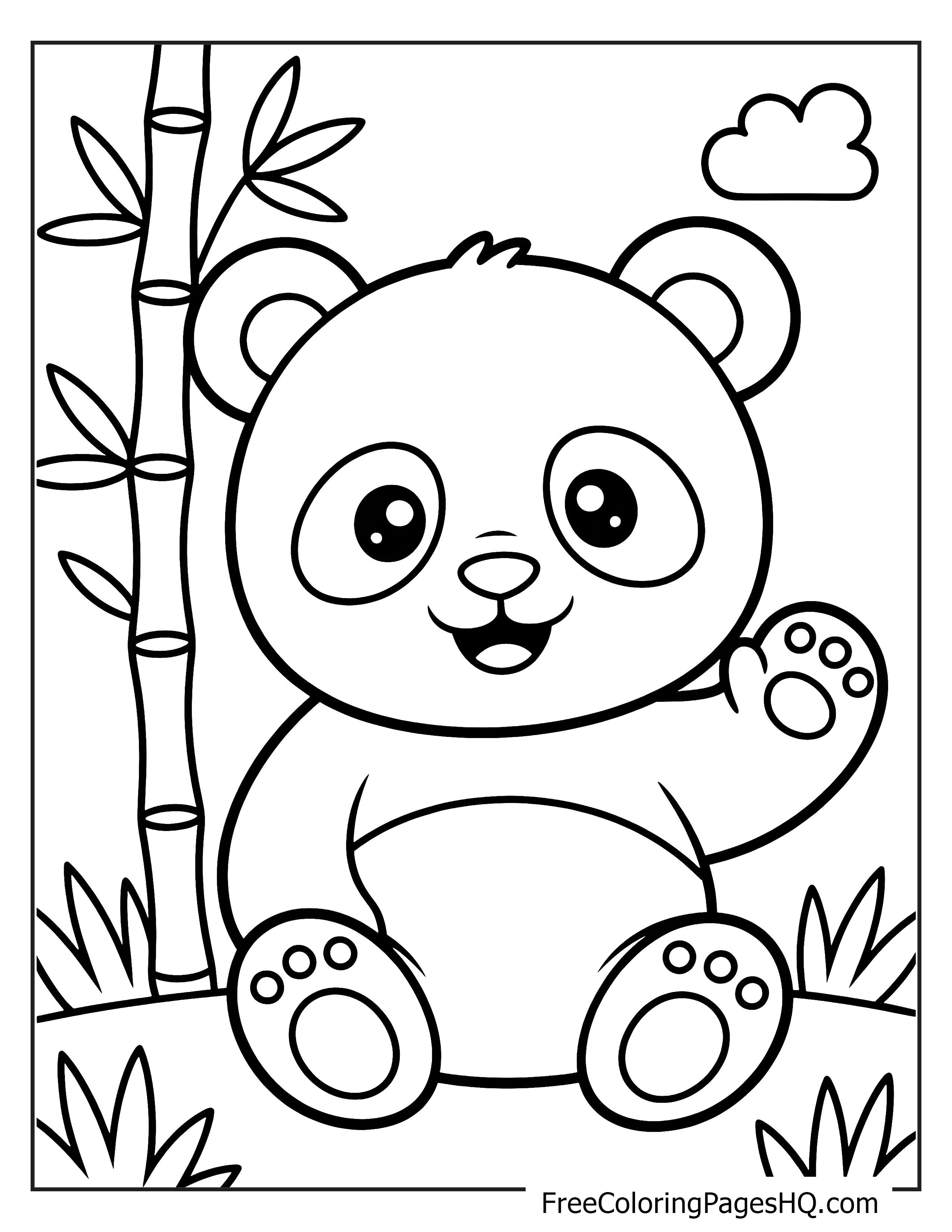 Illustration of a smiling panda surrounded by bamboo and grass.
