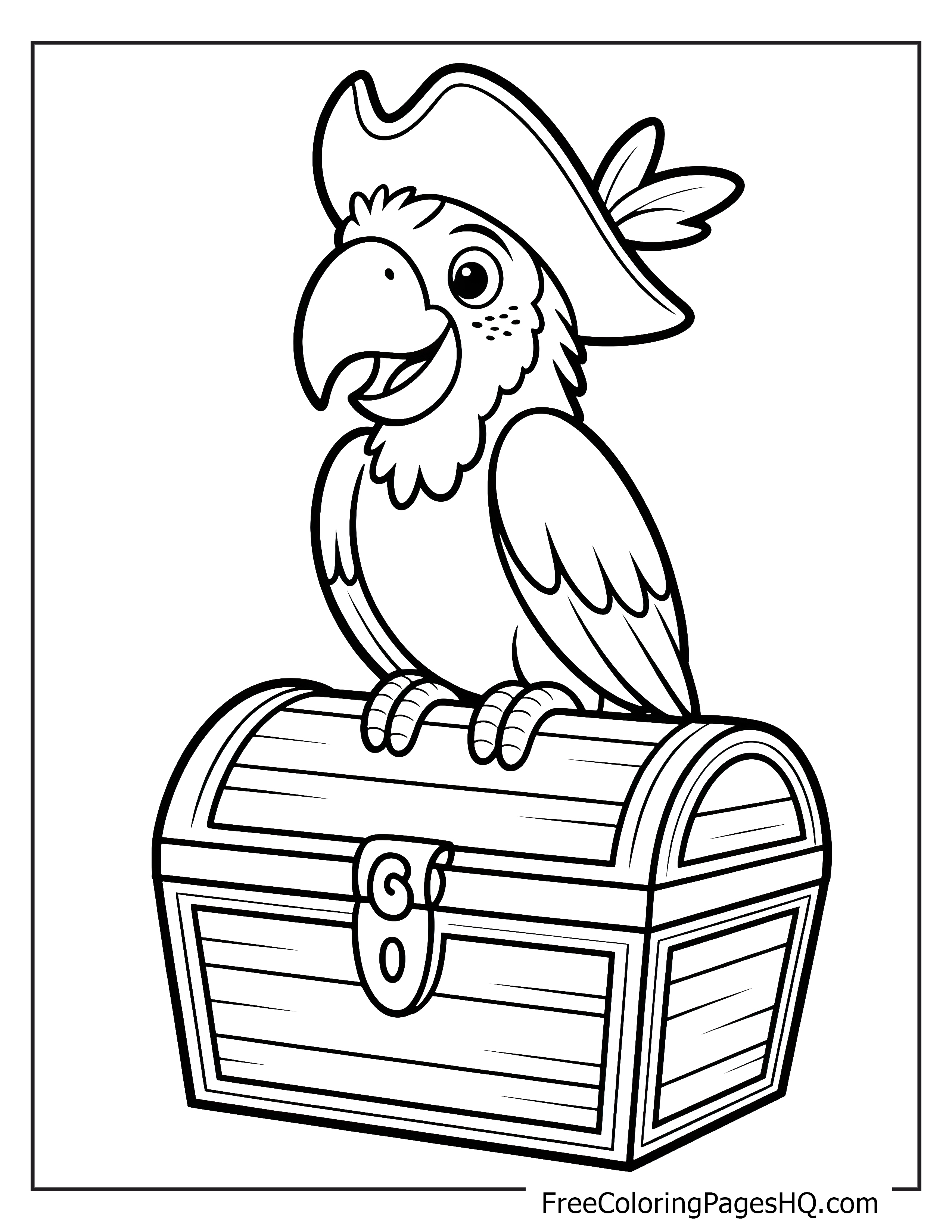 A cheerful parrot with a hat sits on a treasure chest, looking playful.
