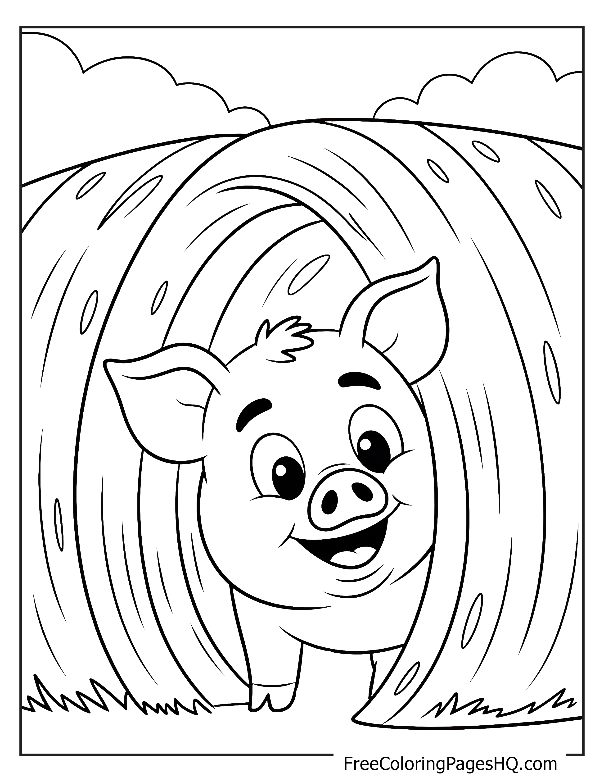 A smiling piglet looks out from a round hay bale with clouds above.
