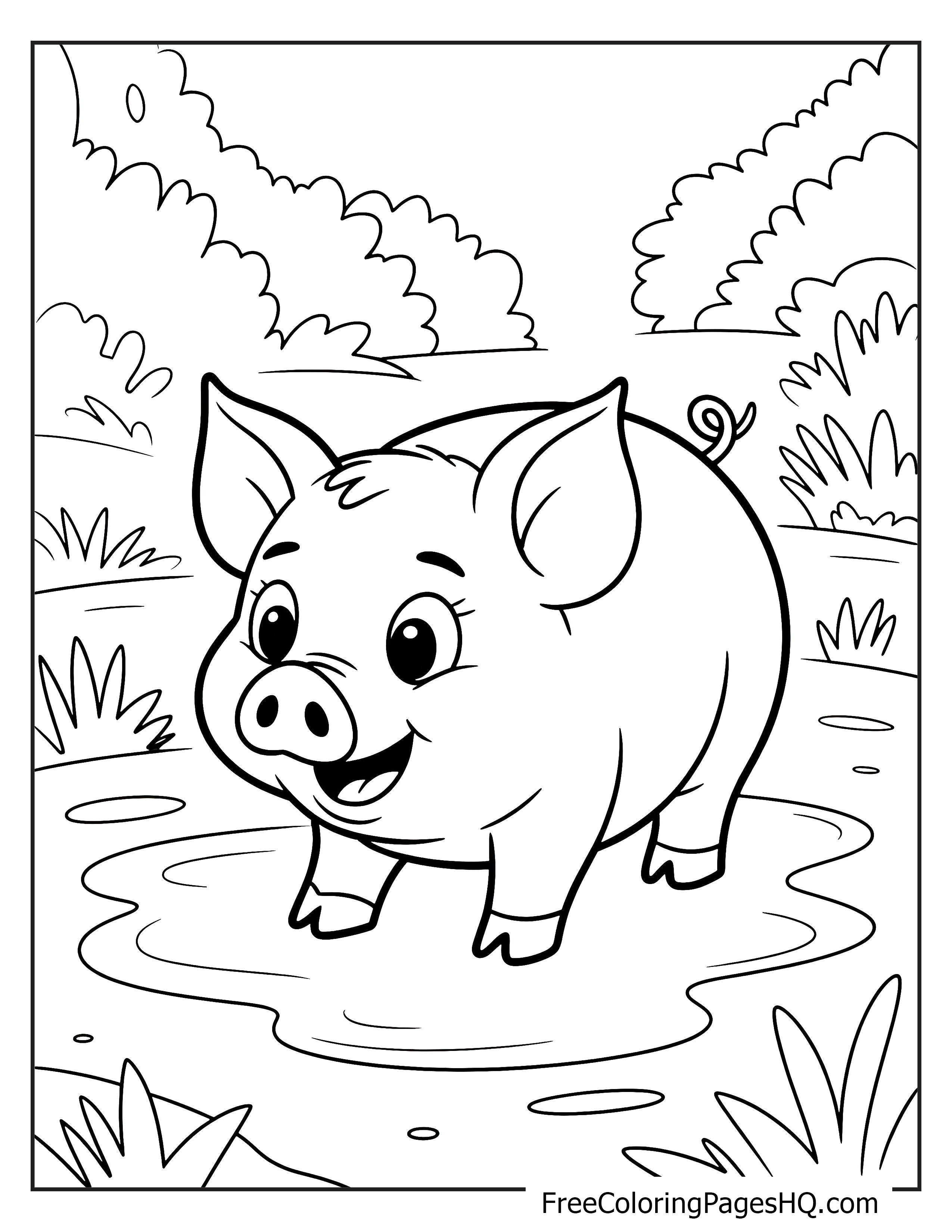 Pig with a cheerful expression playing in a forest puddle.