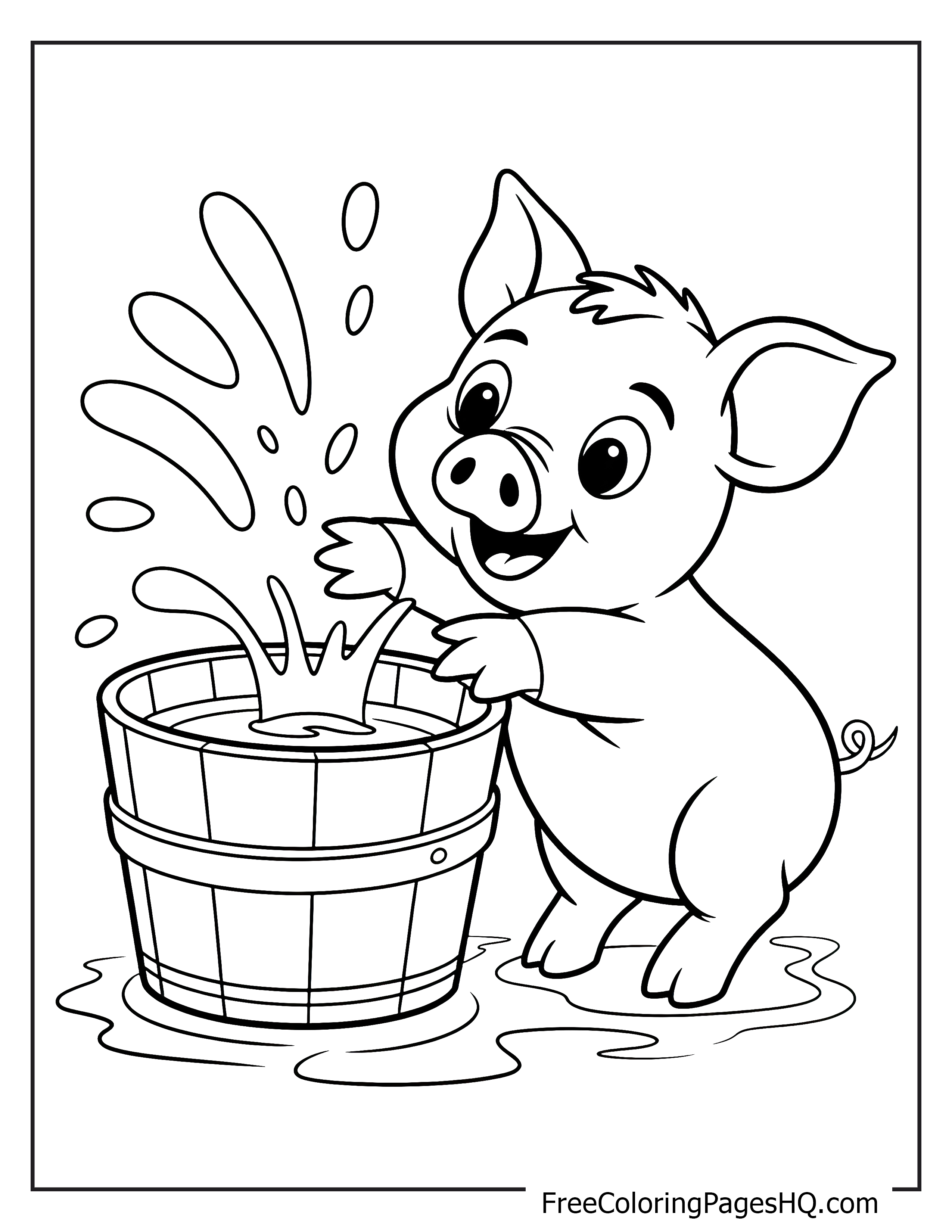 A piglet splashes water from a wooden bucket, looking happy and playful.