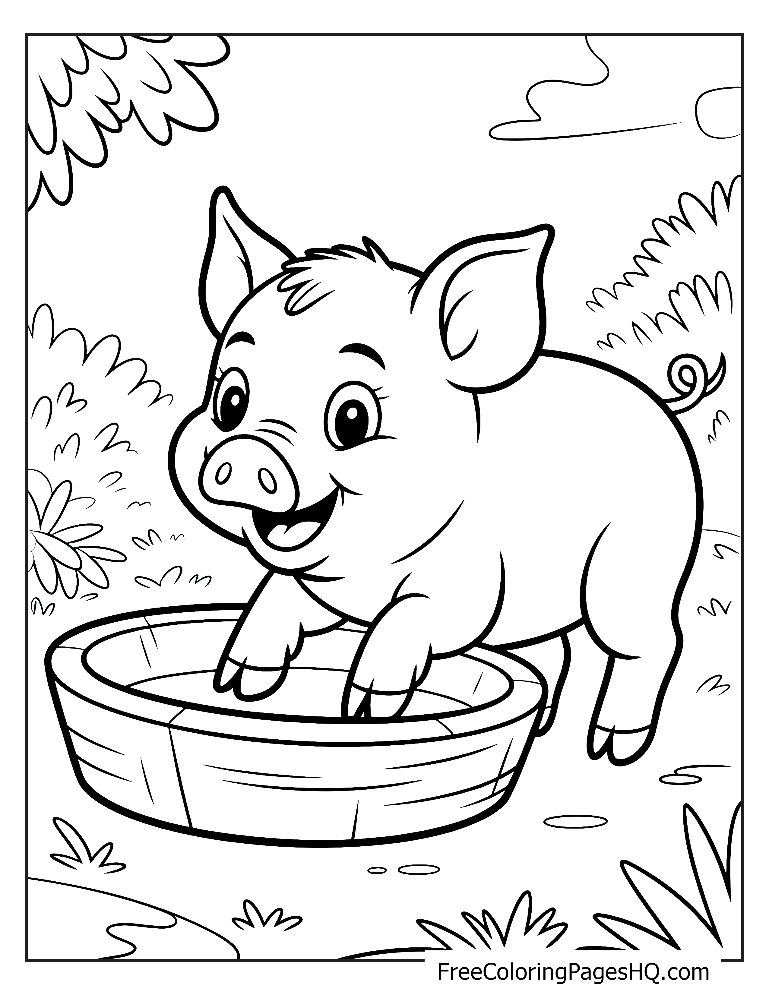 A cheerful piglet standing in a wooden tub surrounded by greenery.