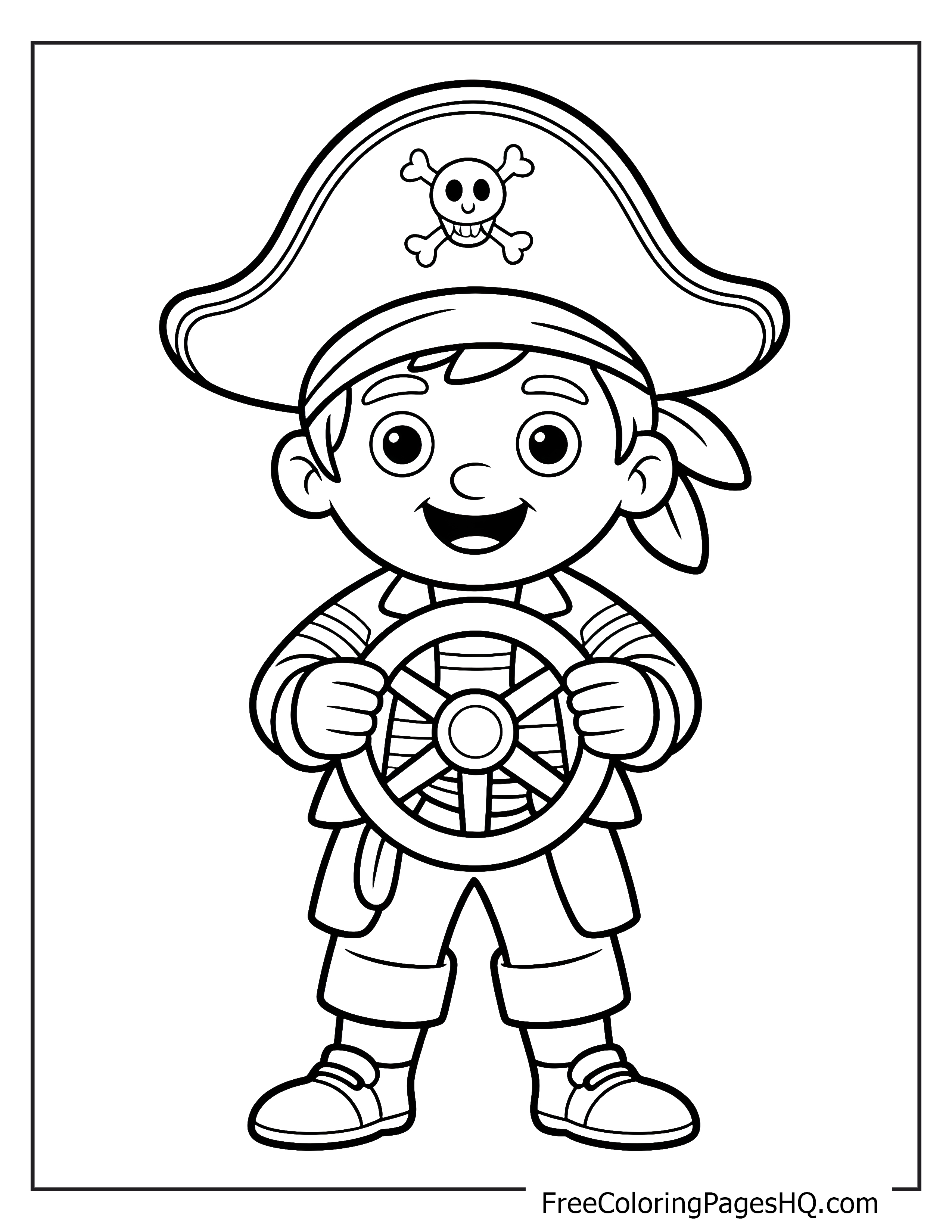 A joyful pirate boy holds a steering wheel with a big smile, wearing a large pirate hat.