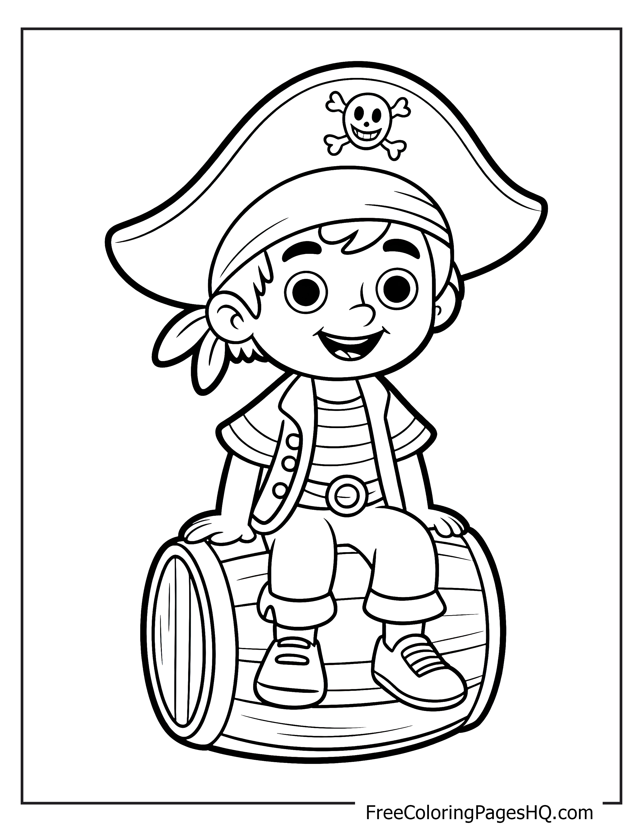 A young pirate smiling while sitting on a barrel, wearing a hat with a skull design.