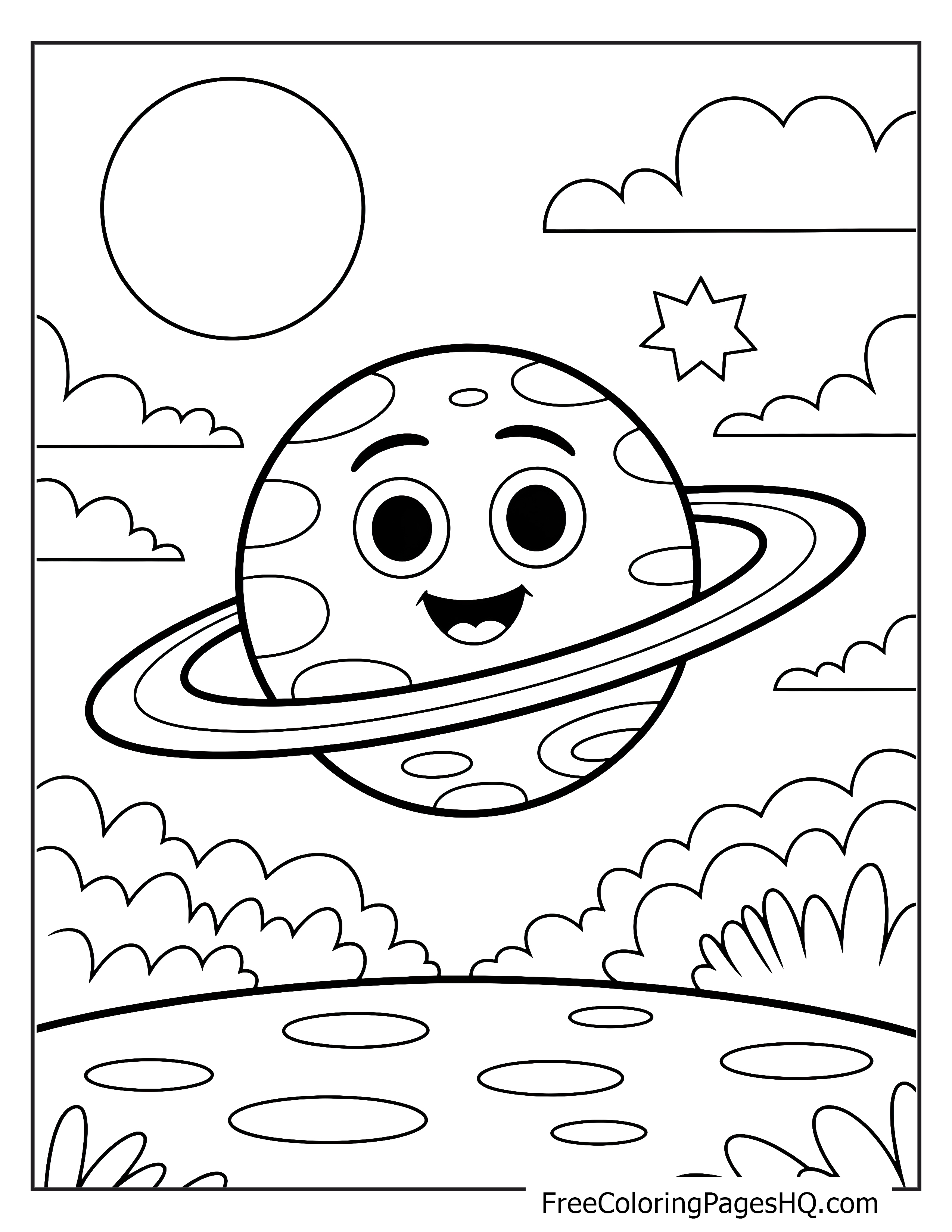 Friendly planet with rings and stars in outer space.