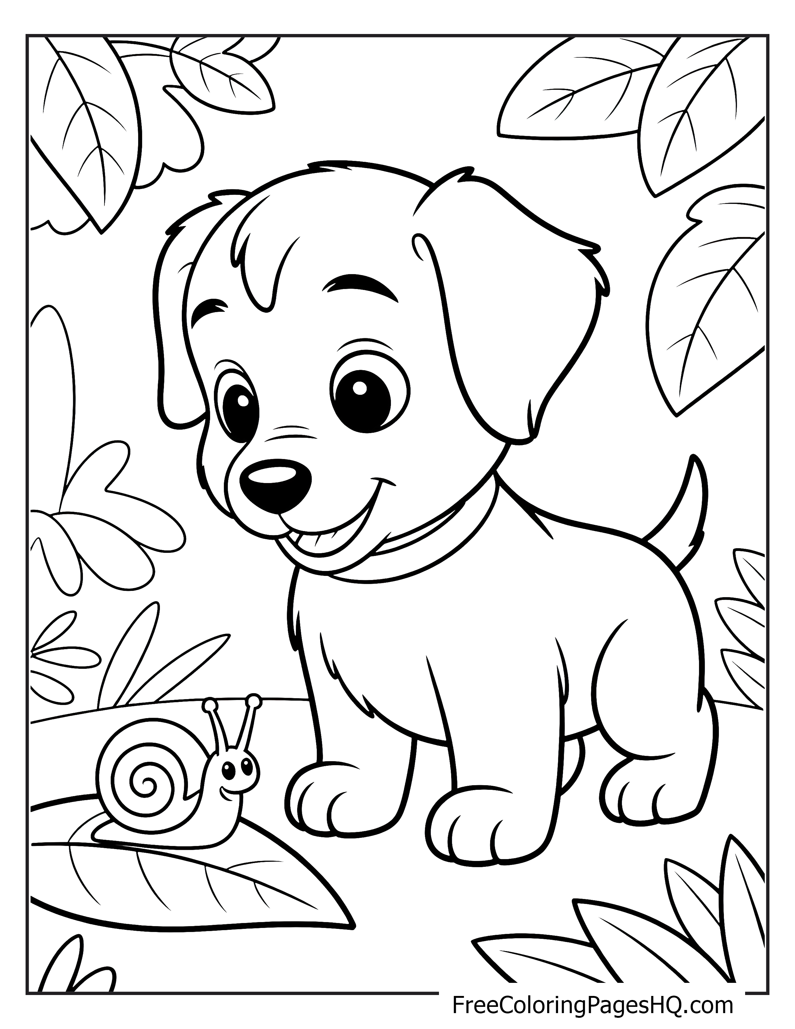Puppy and snail meeting in a leafy garden.