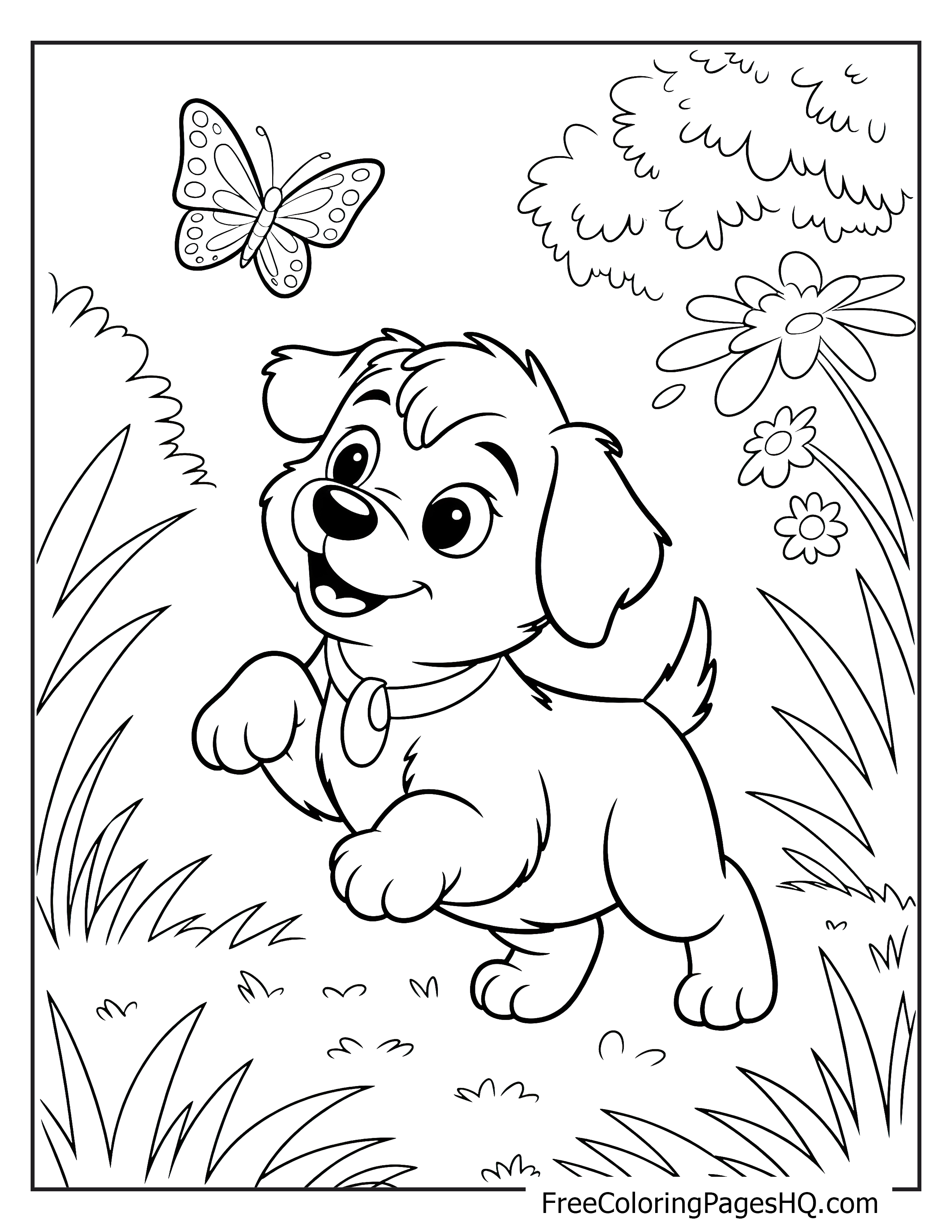 Cute puppy and butterfly scene in a garden.