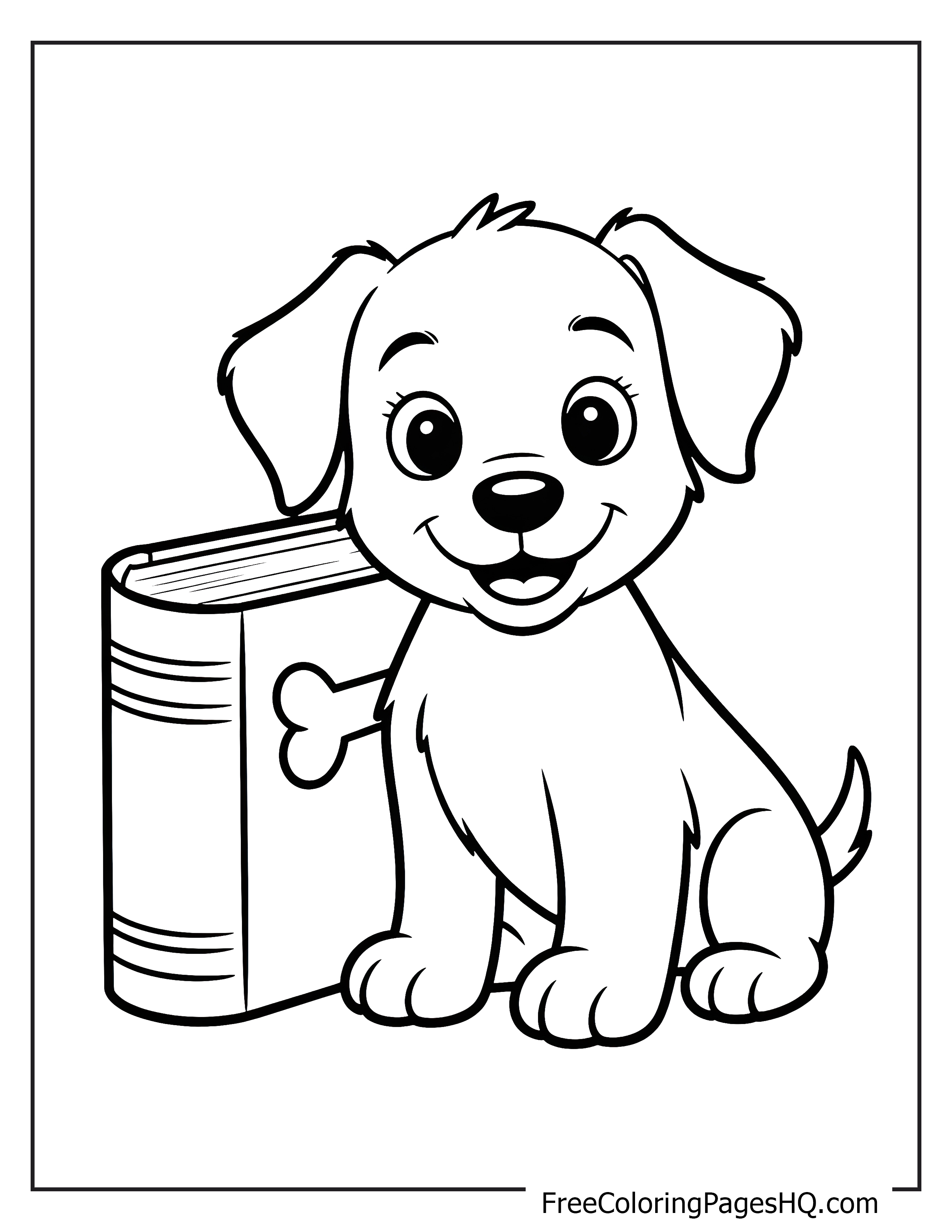 Cute puppy sitting by a book illustration for children.