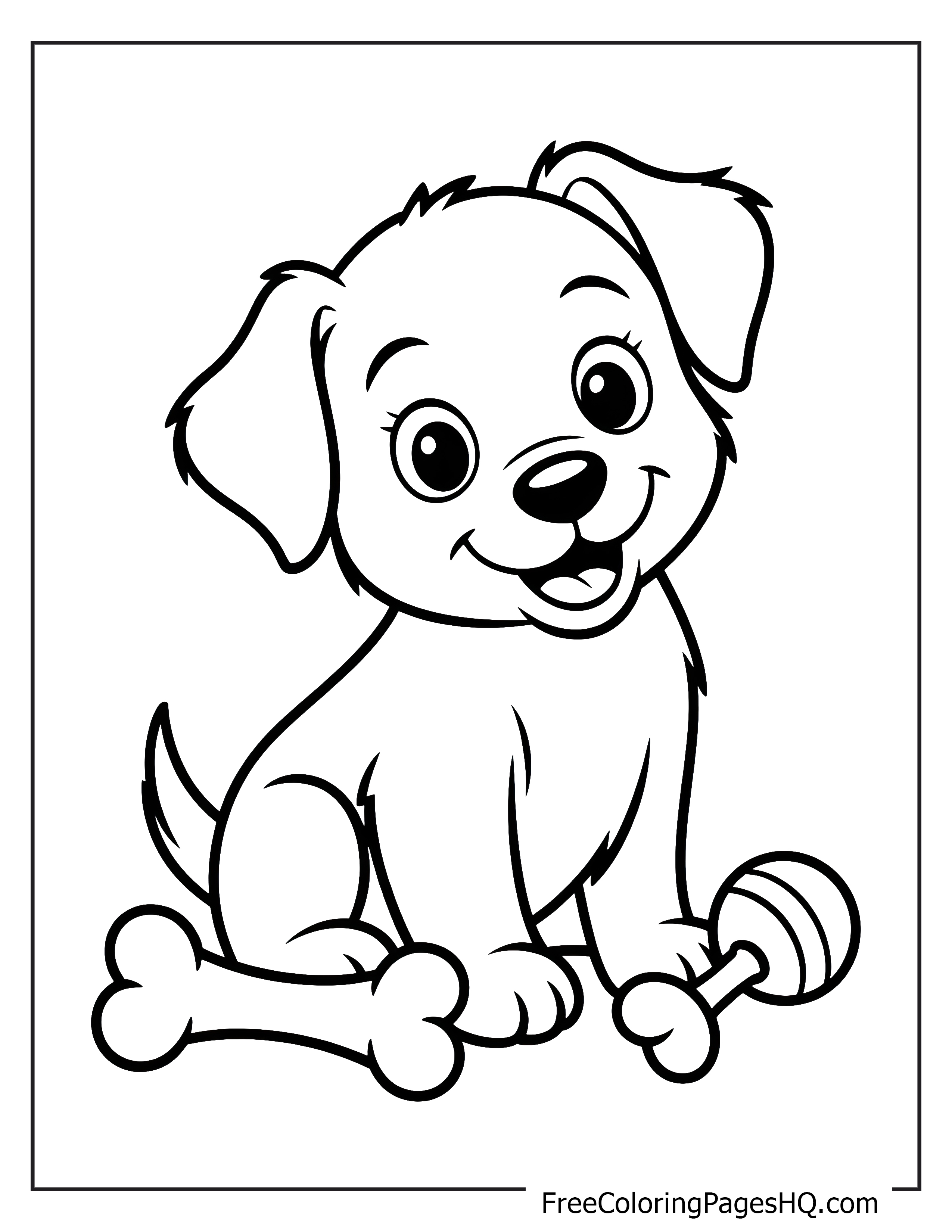 Smiling puppy illustration accompanied by a bone and toy.