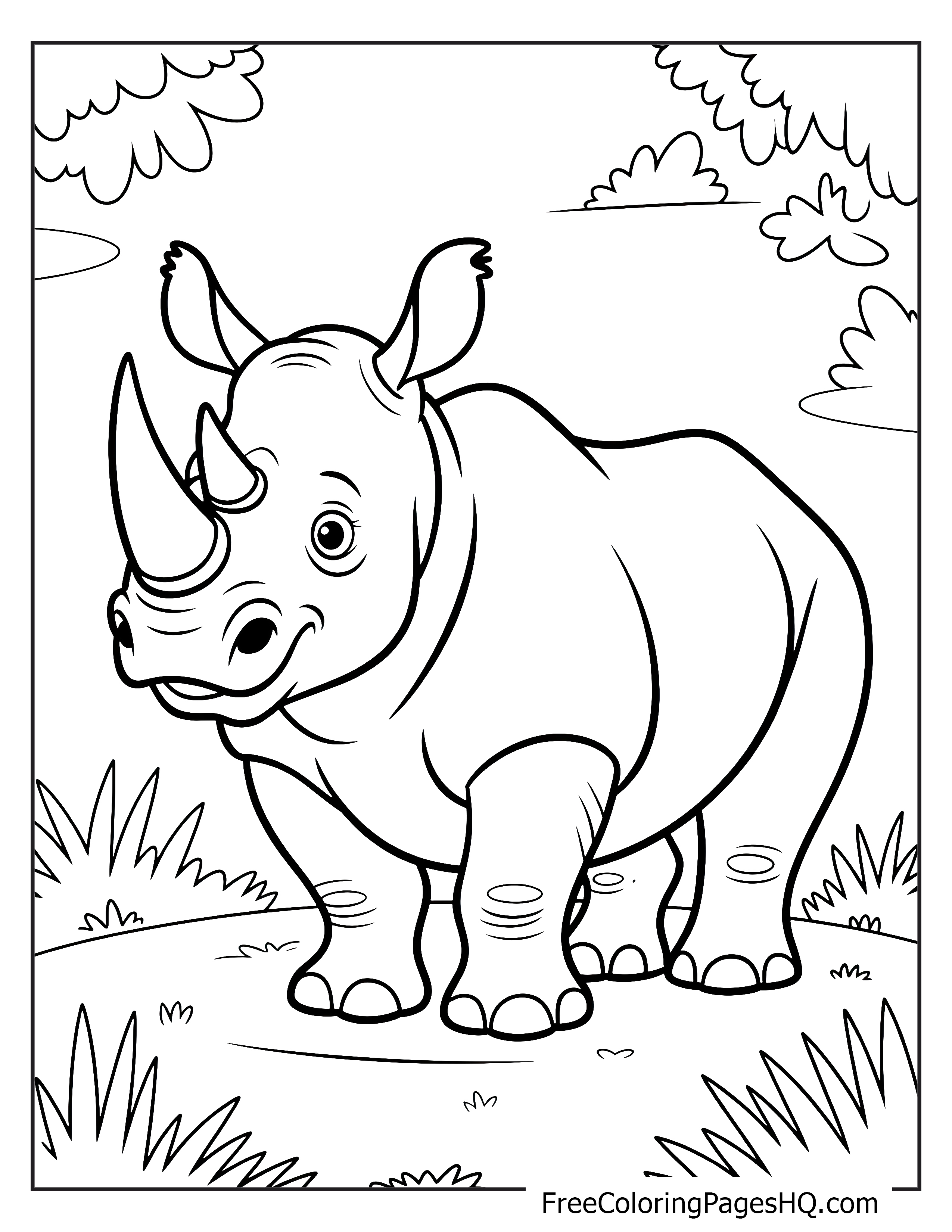A smiling rhino stands in a sunny meadow with grass and bushes.