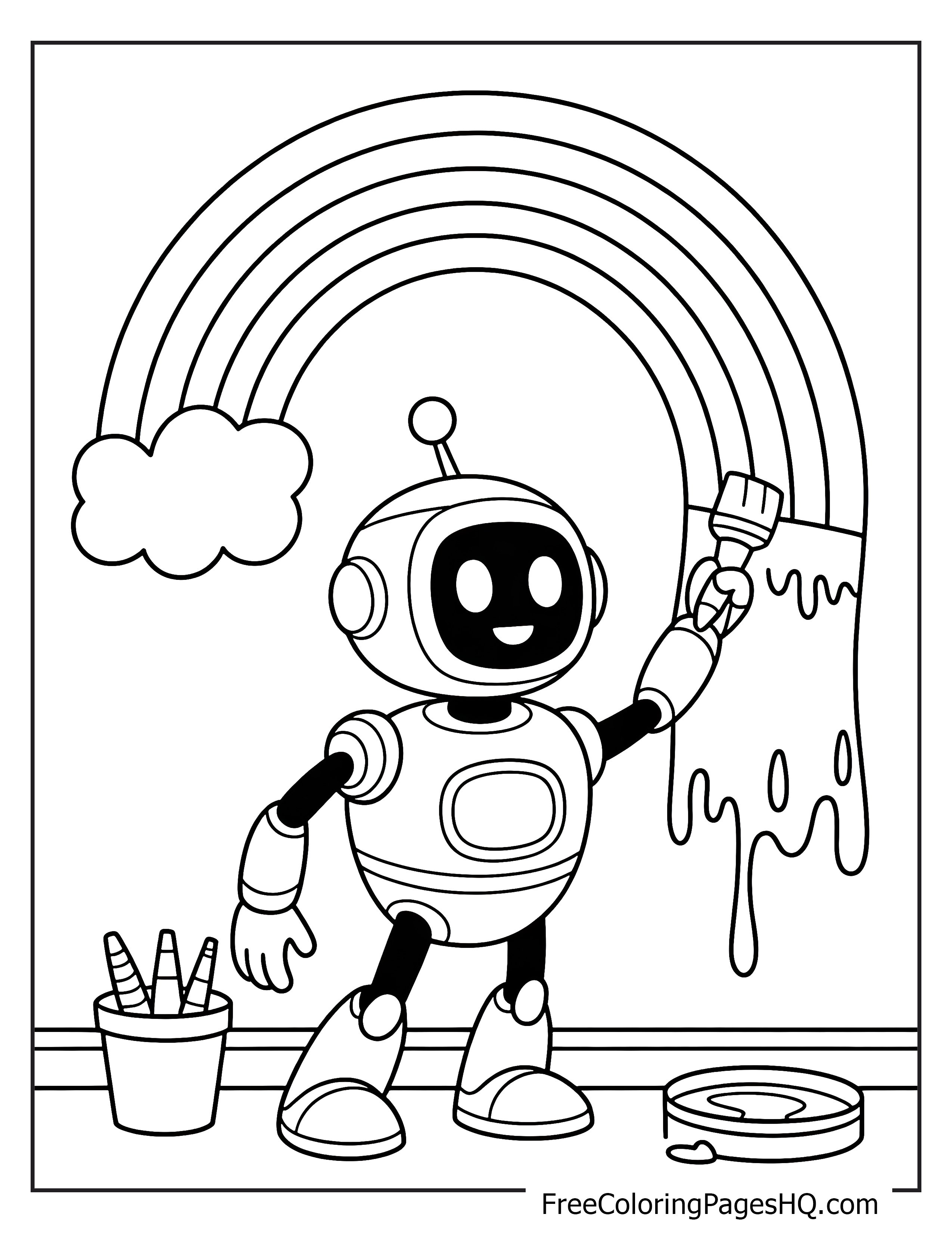 A smiling robot painting a rainbow with a brush.