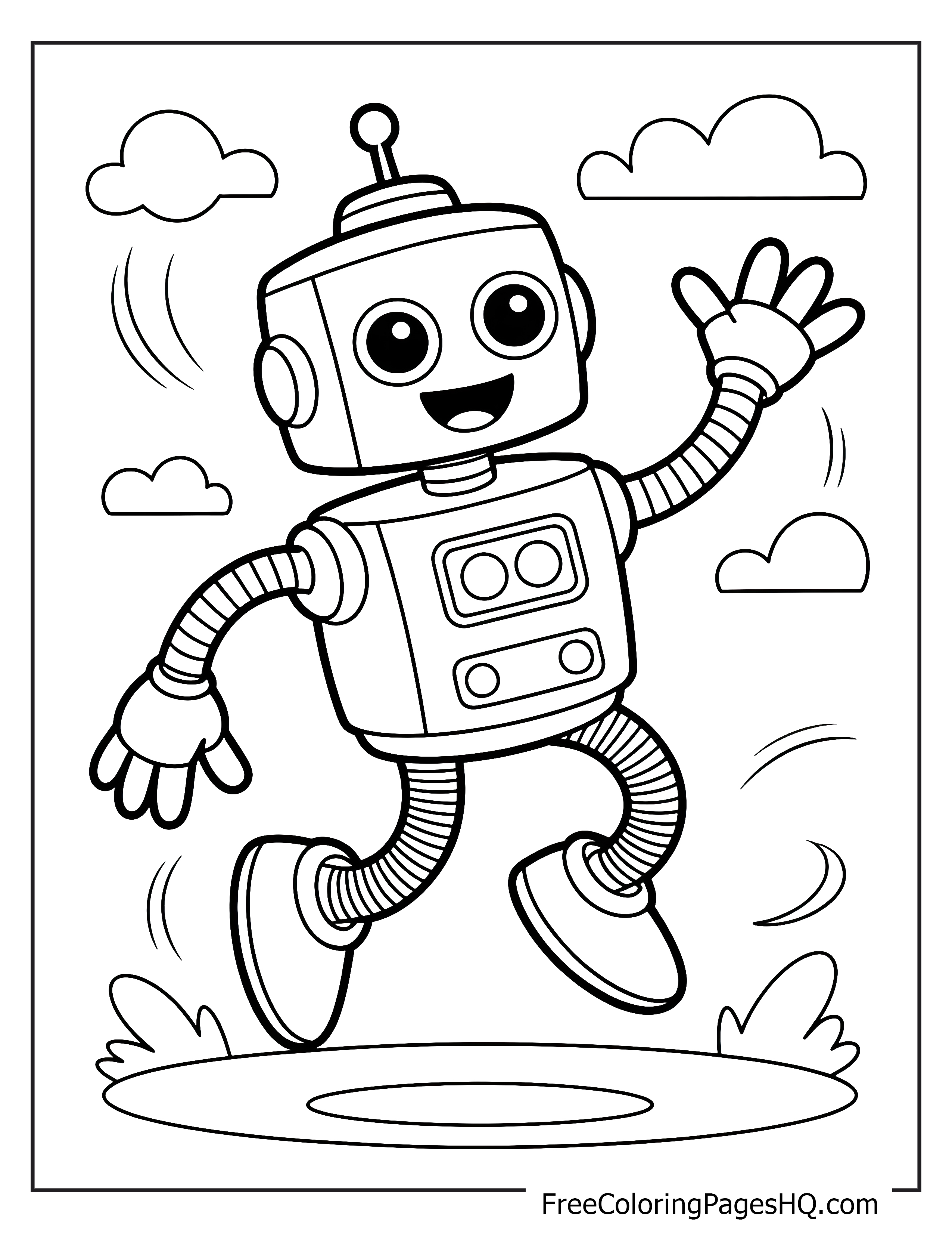 Cheerful robot with big eyes waving and dancing among clouds.