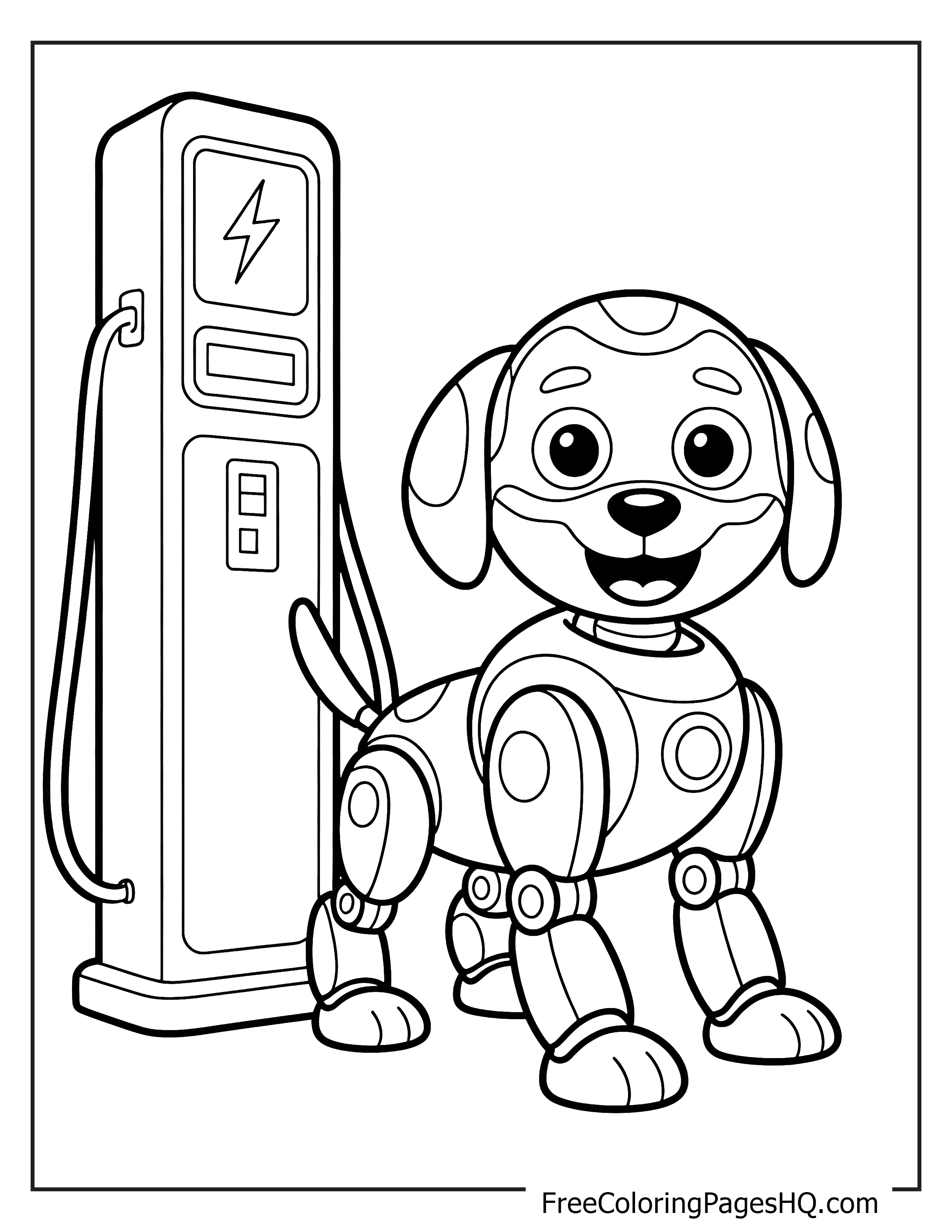 A joyful robot puppy next to a charging station, looking excited.
