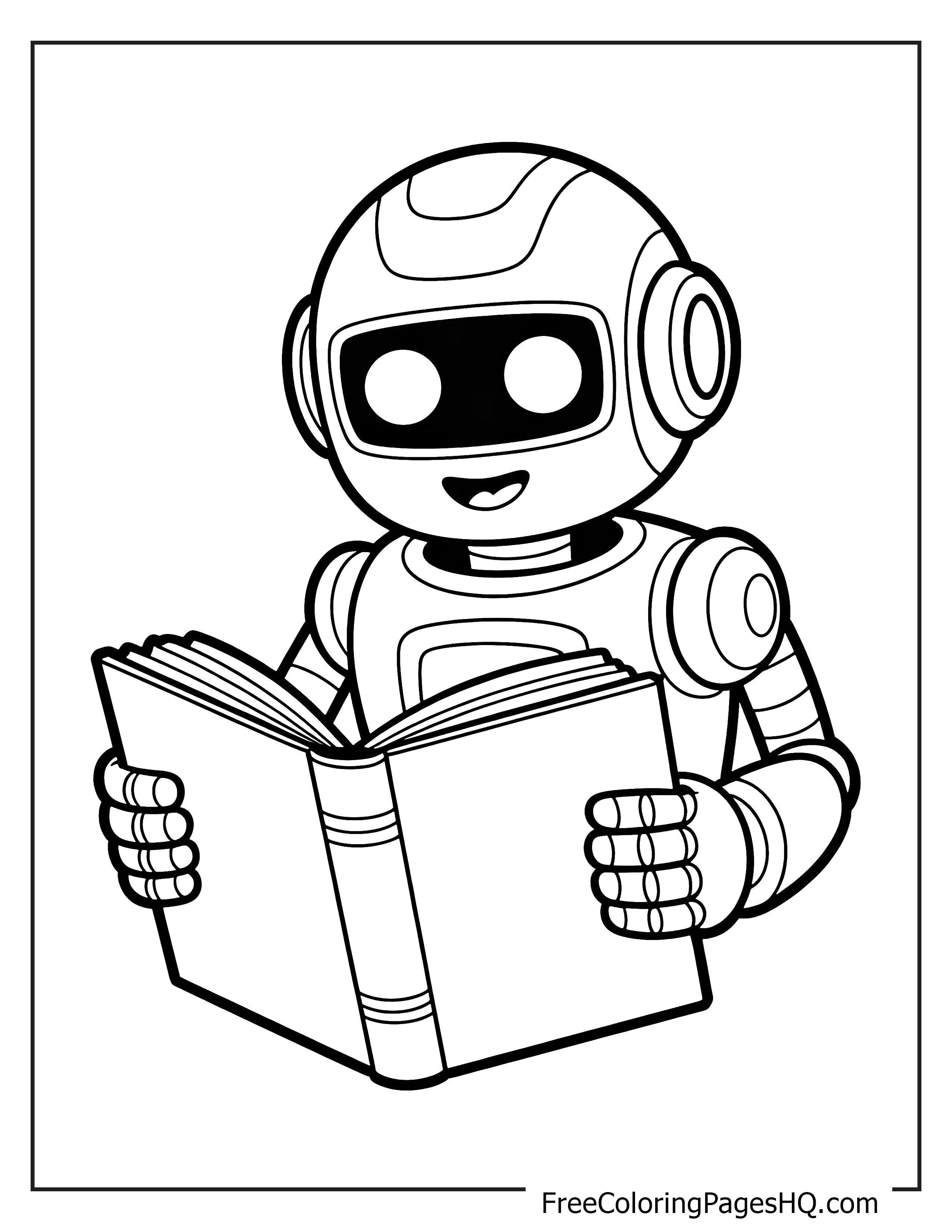 A smiling robot holding and reading a large book.