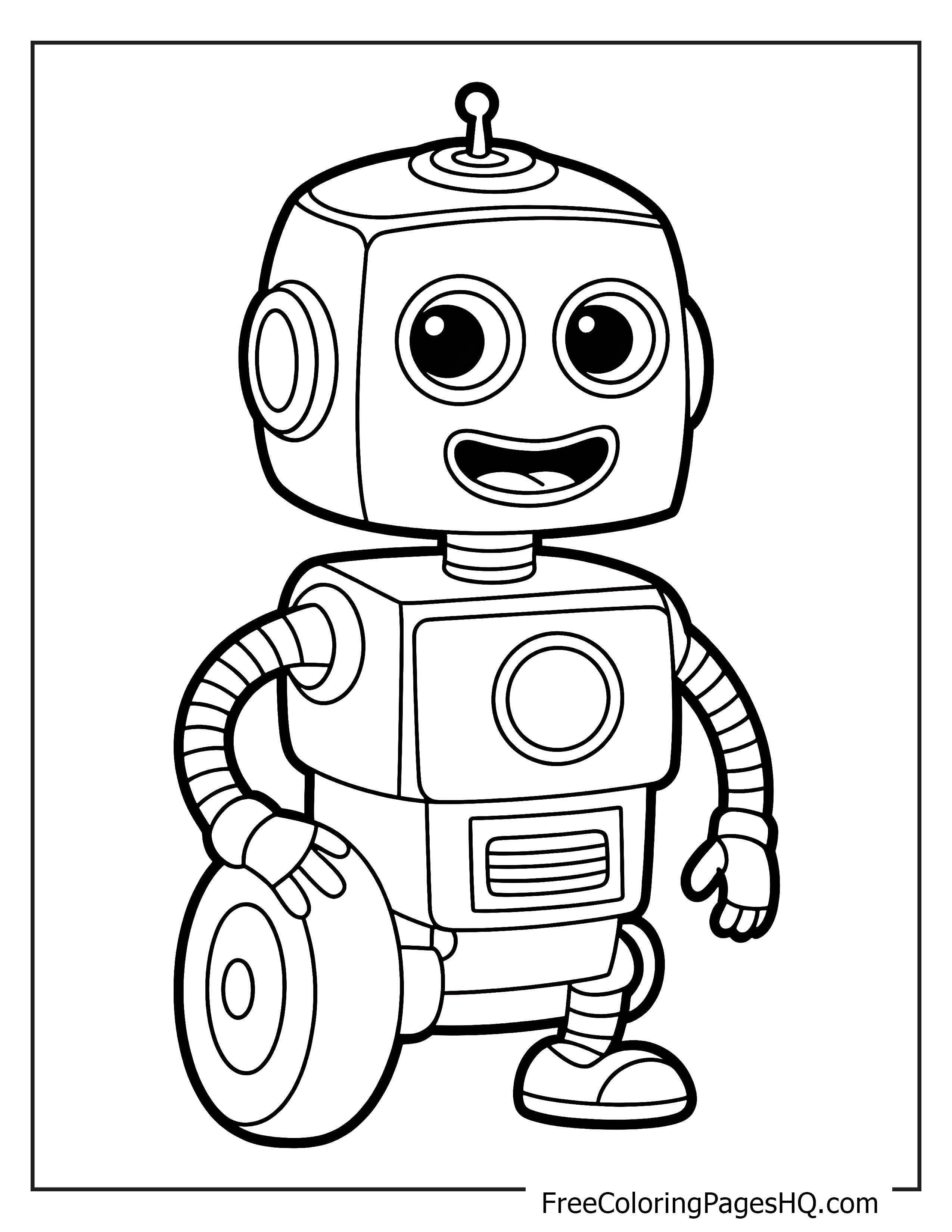 A cheerful robot with big eyes and a smile, waving energetically.