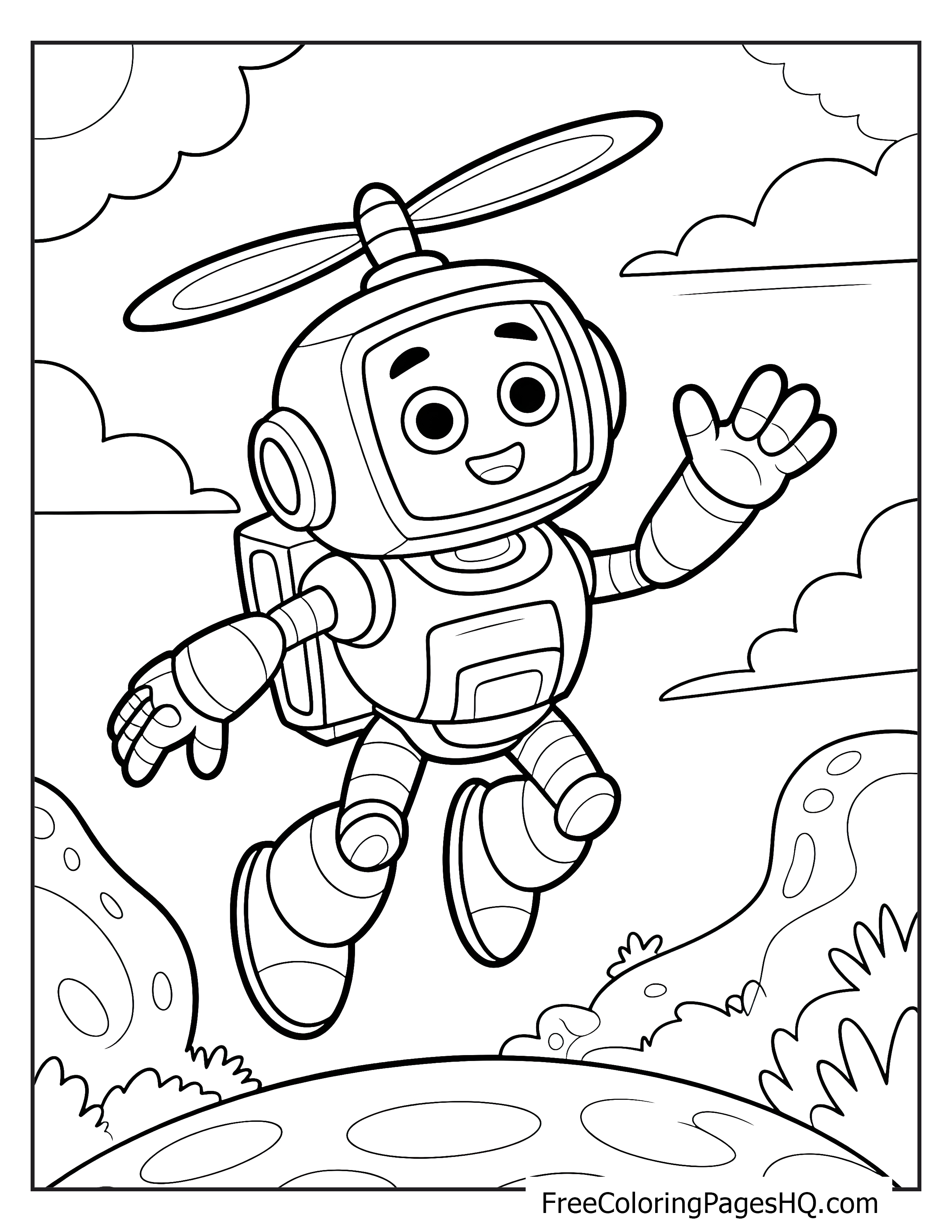 A cheerful robot with a head propeller waves while flying through the sky above a whimsical landscape.