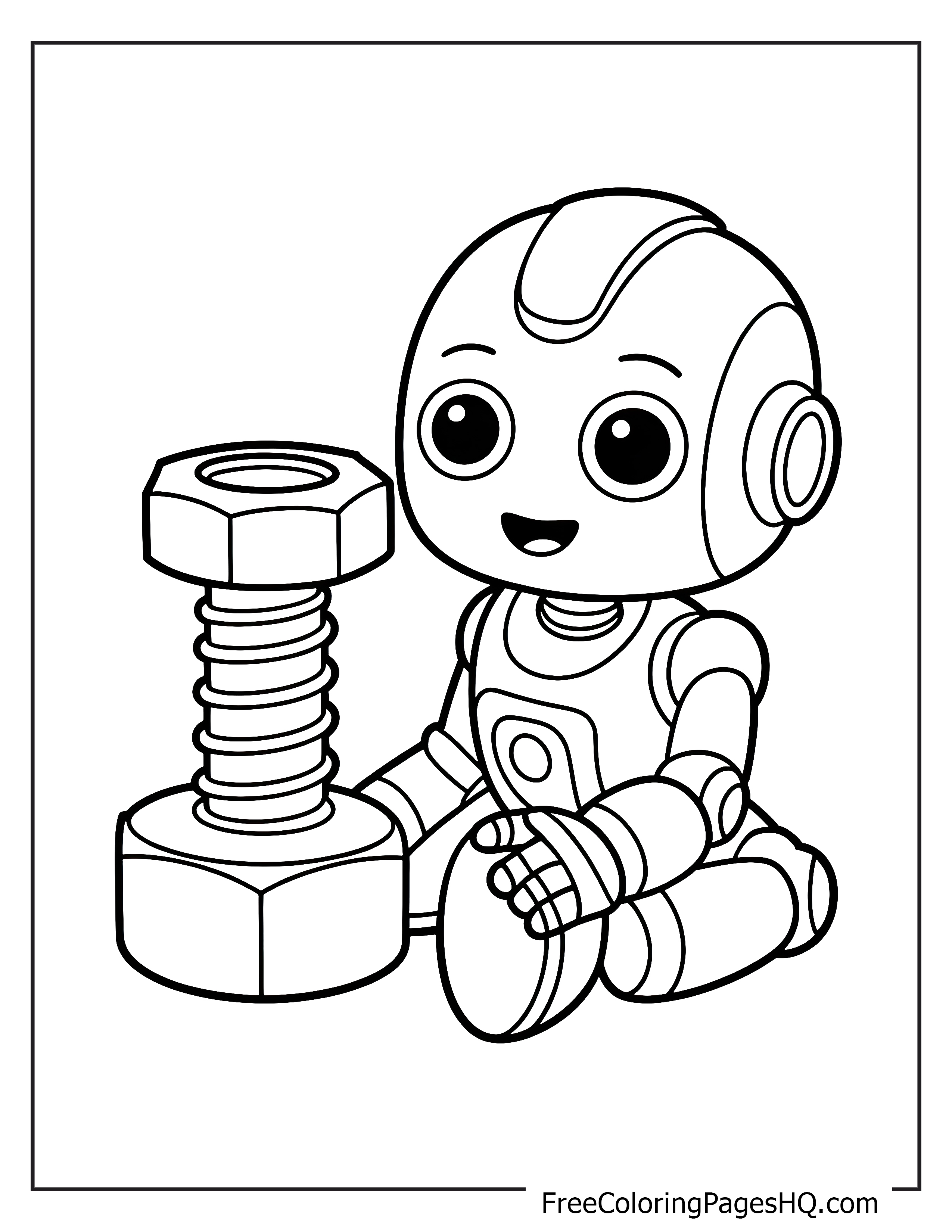 A smiling robot is sitting next to a large nut, looking cheerful.