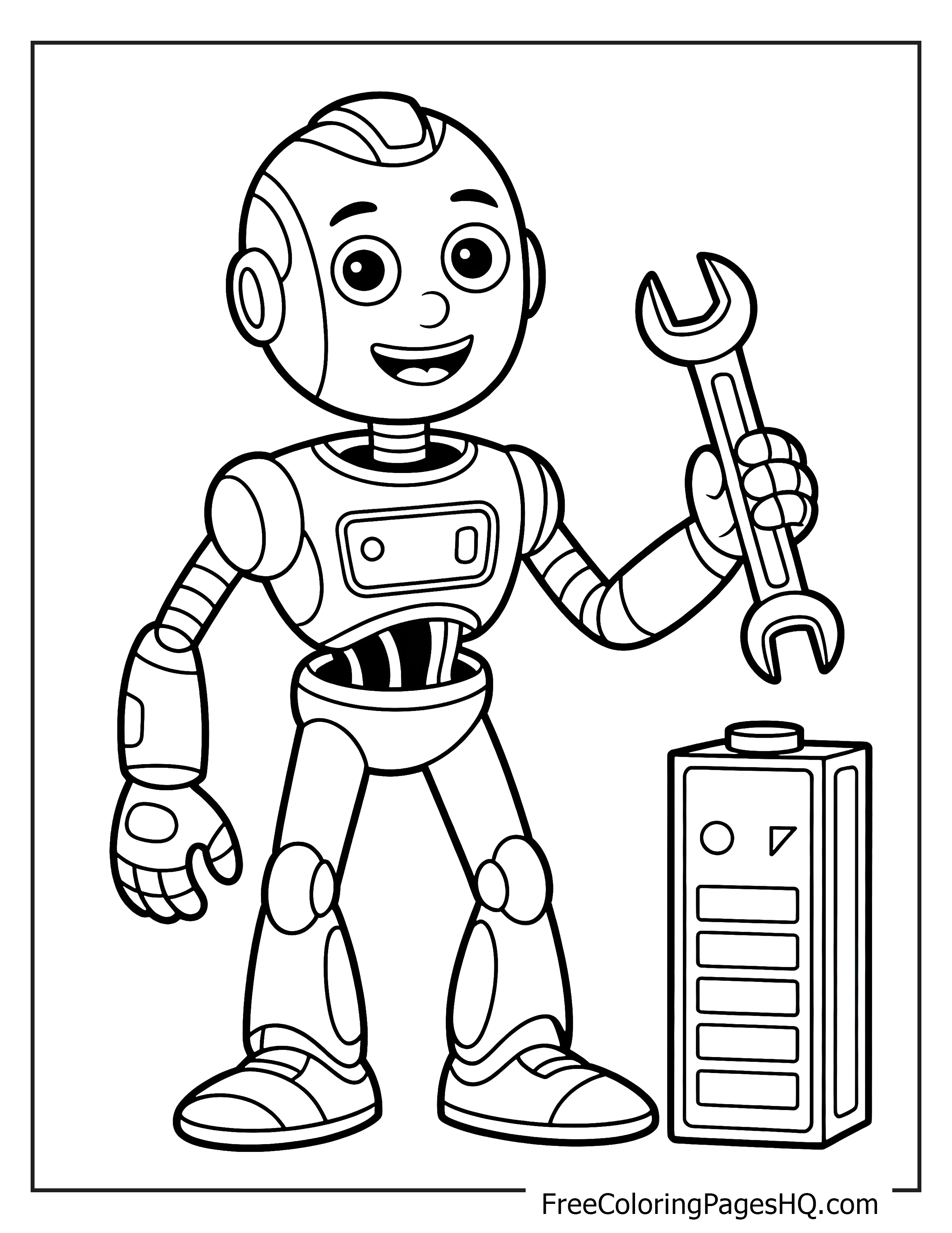 A smiling robot holds a wrench beside a large battery.