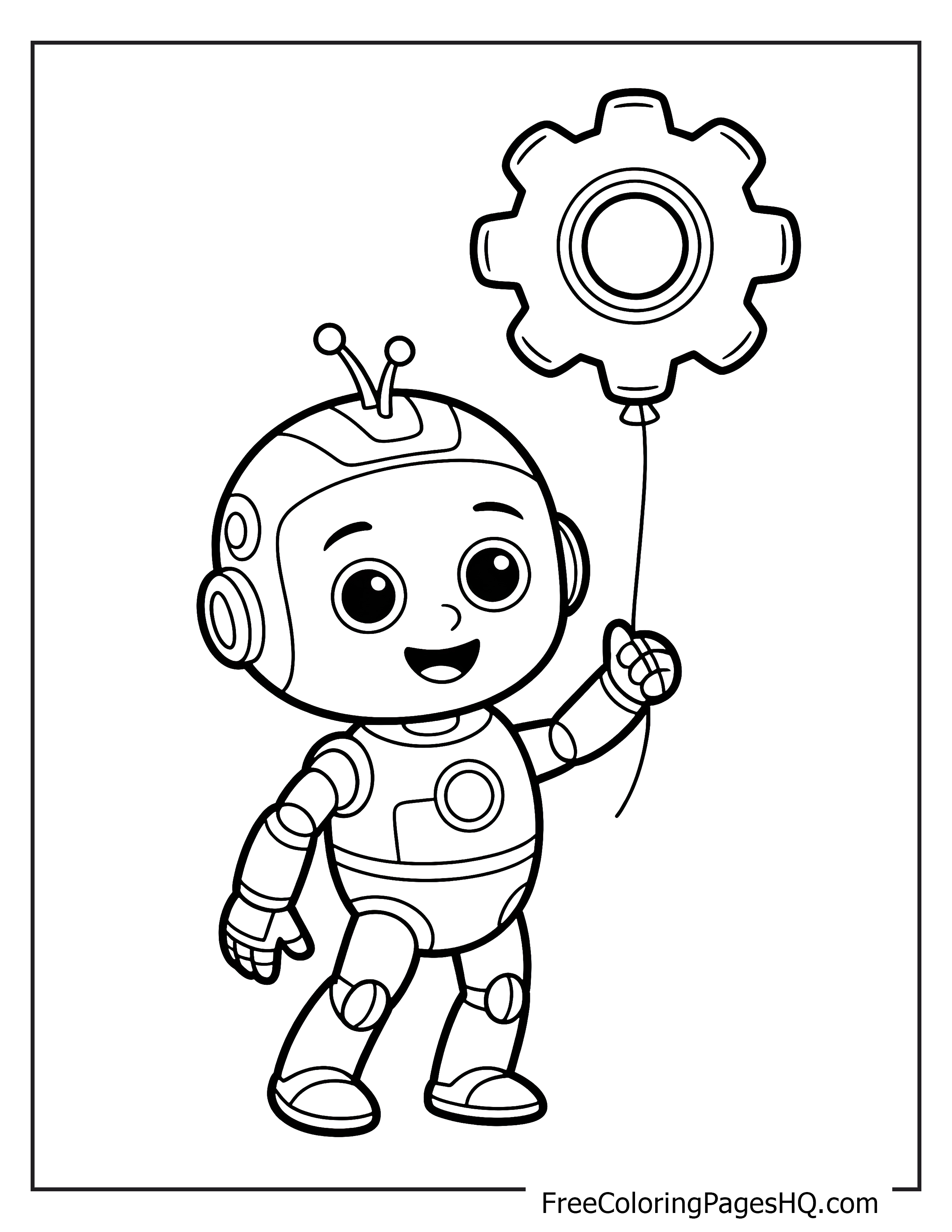 A smiling robot holds a gear-shaped balloon.