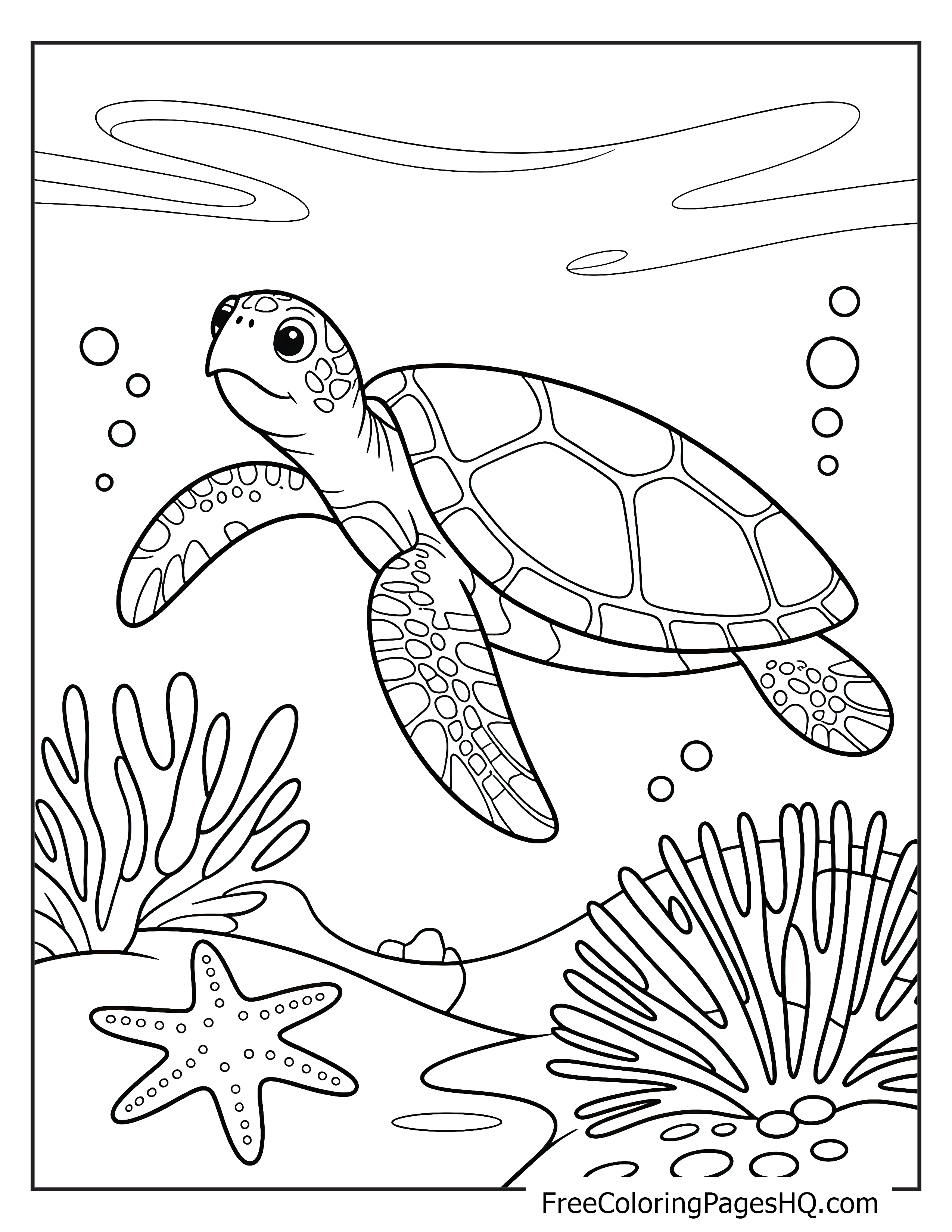 A sea turtle swimming through coral reef with bubbles and a starfish.