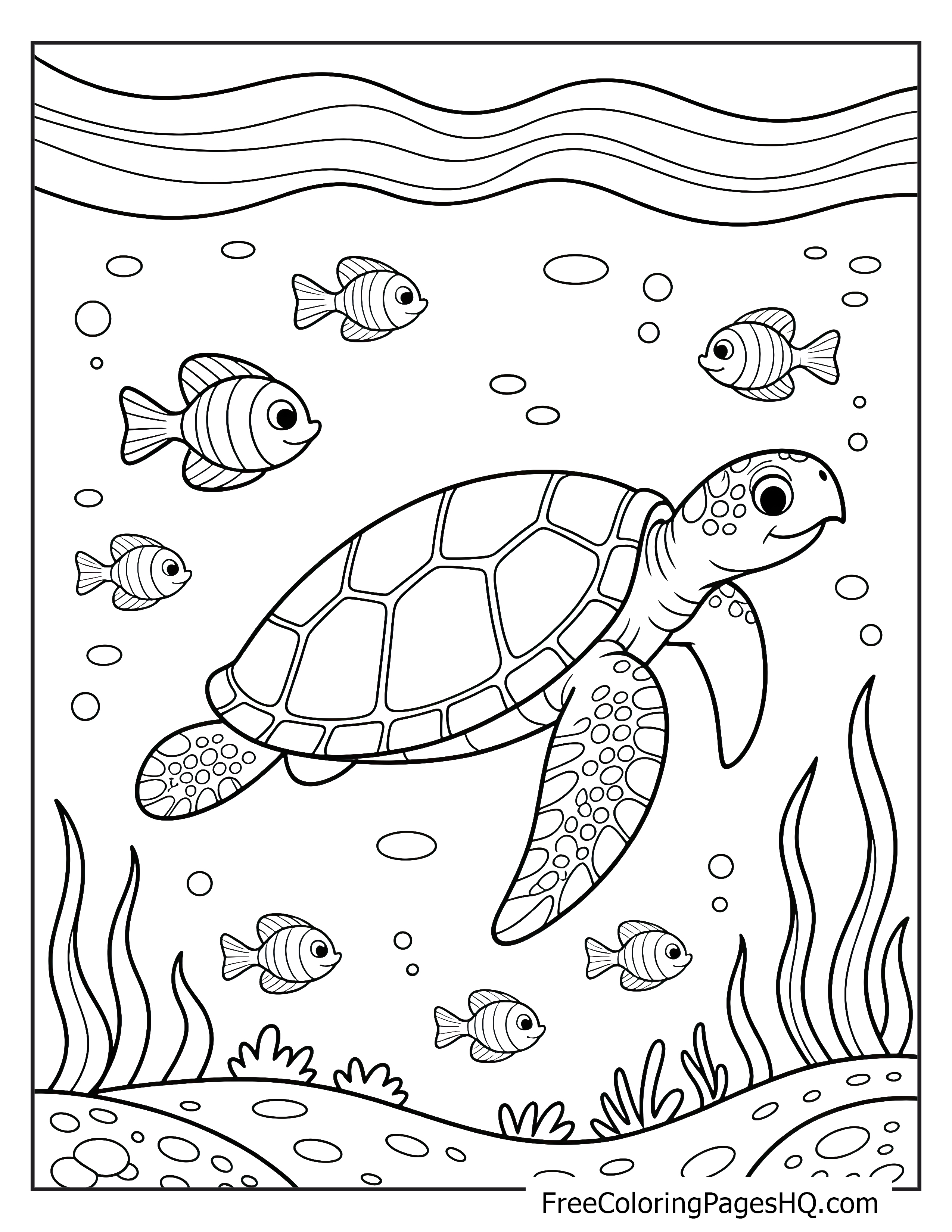 A sea turtle and fish in a vibrant underwater setting with plants and bubbles.