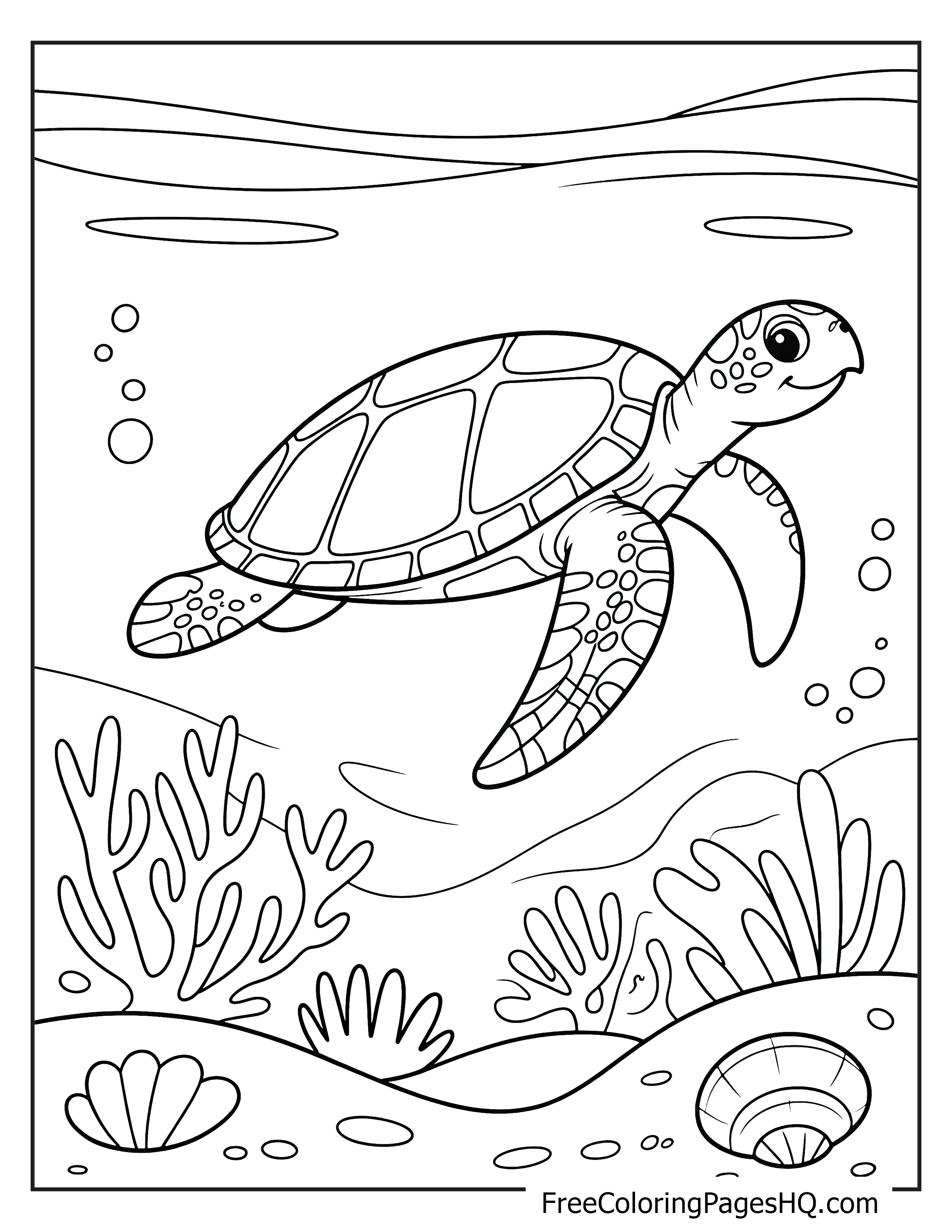 A happy sea turtle swims through coral and seashells in the ocean.
