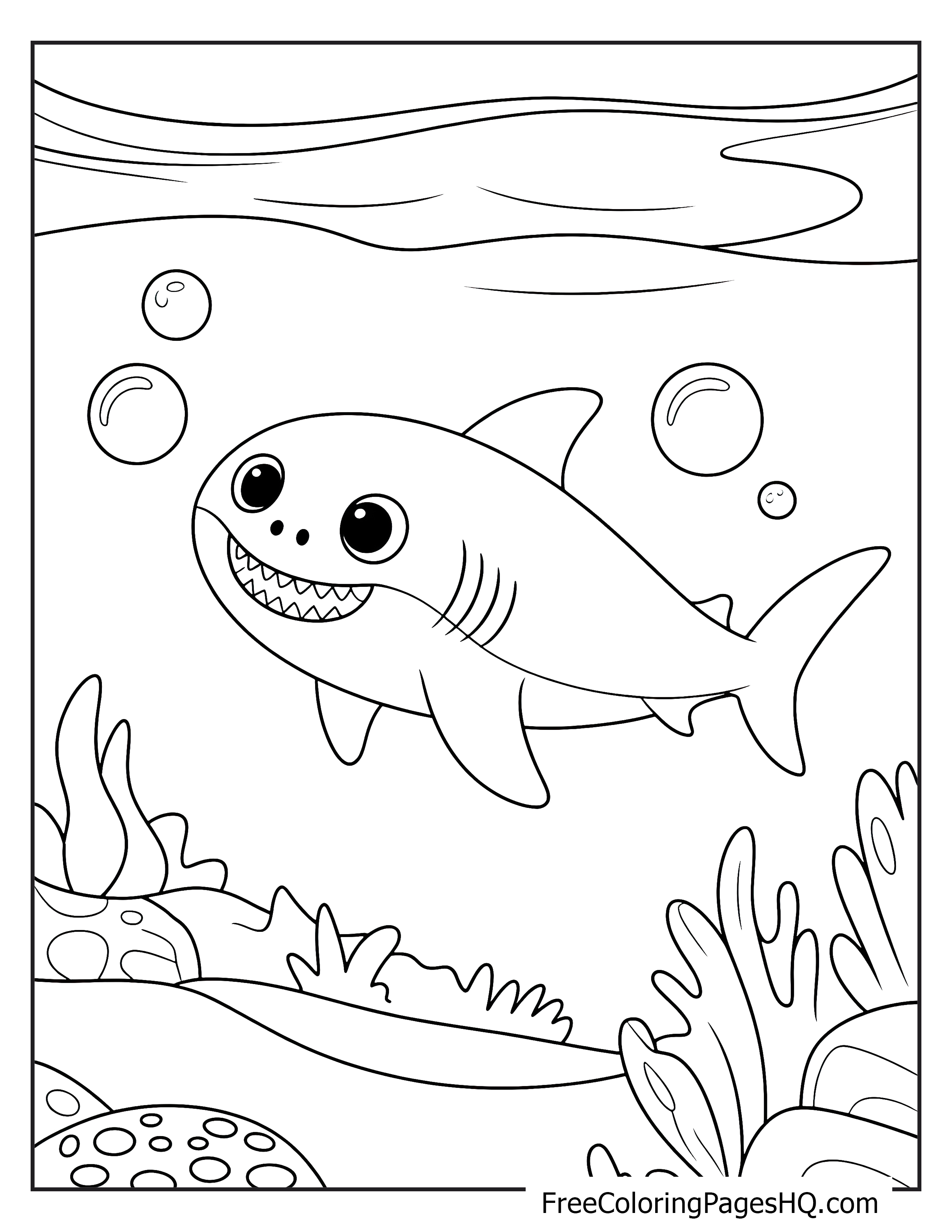 A happy shark swims underwater with bubbles and coral around.