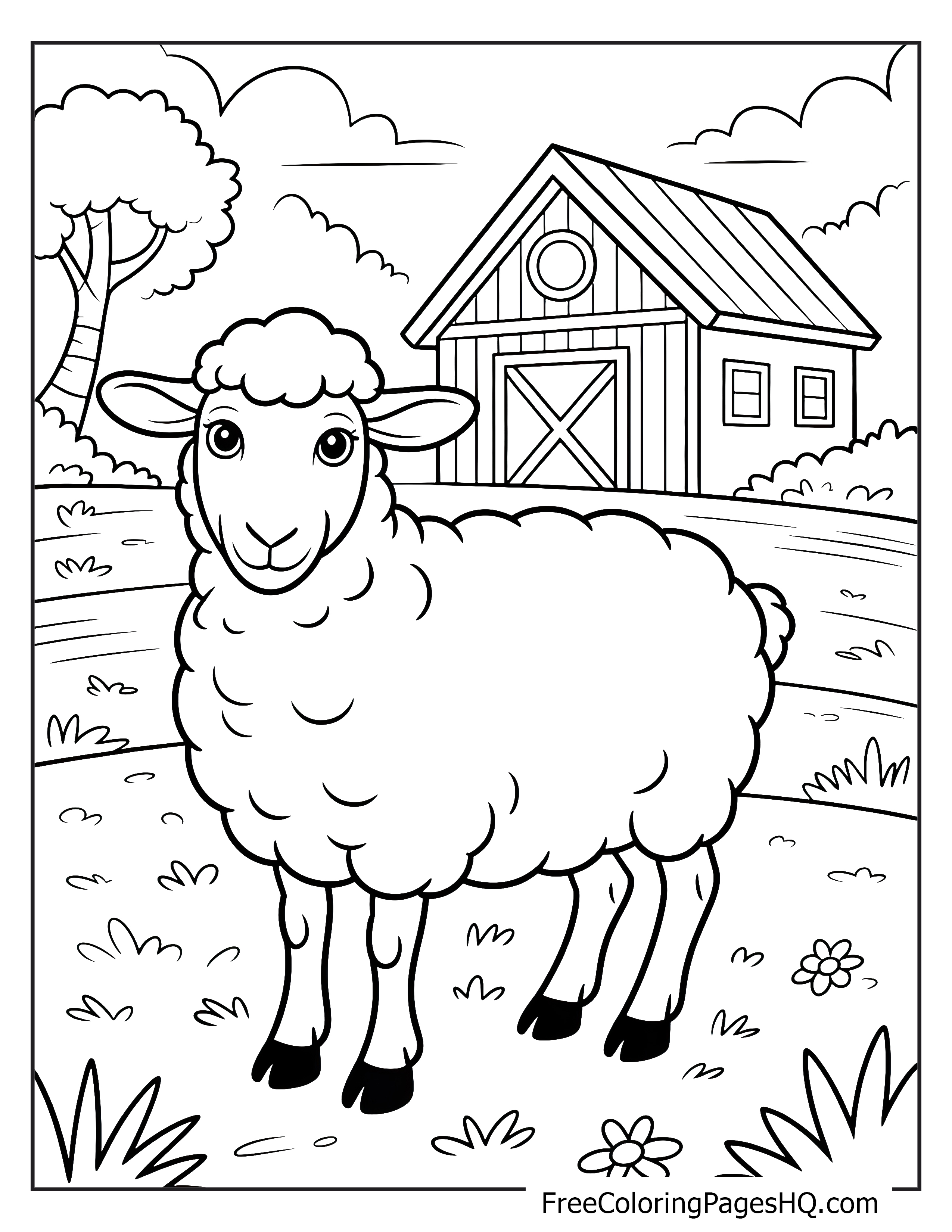 A sheep stands happily in front of a barn with trees and flowers around.