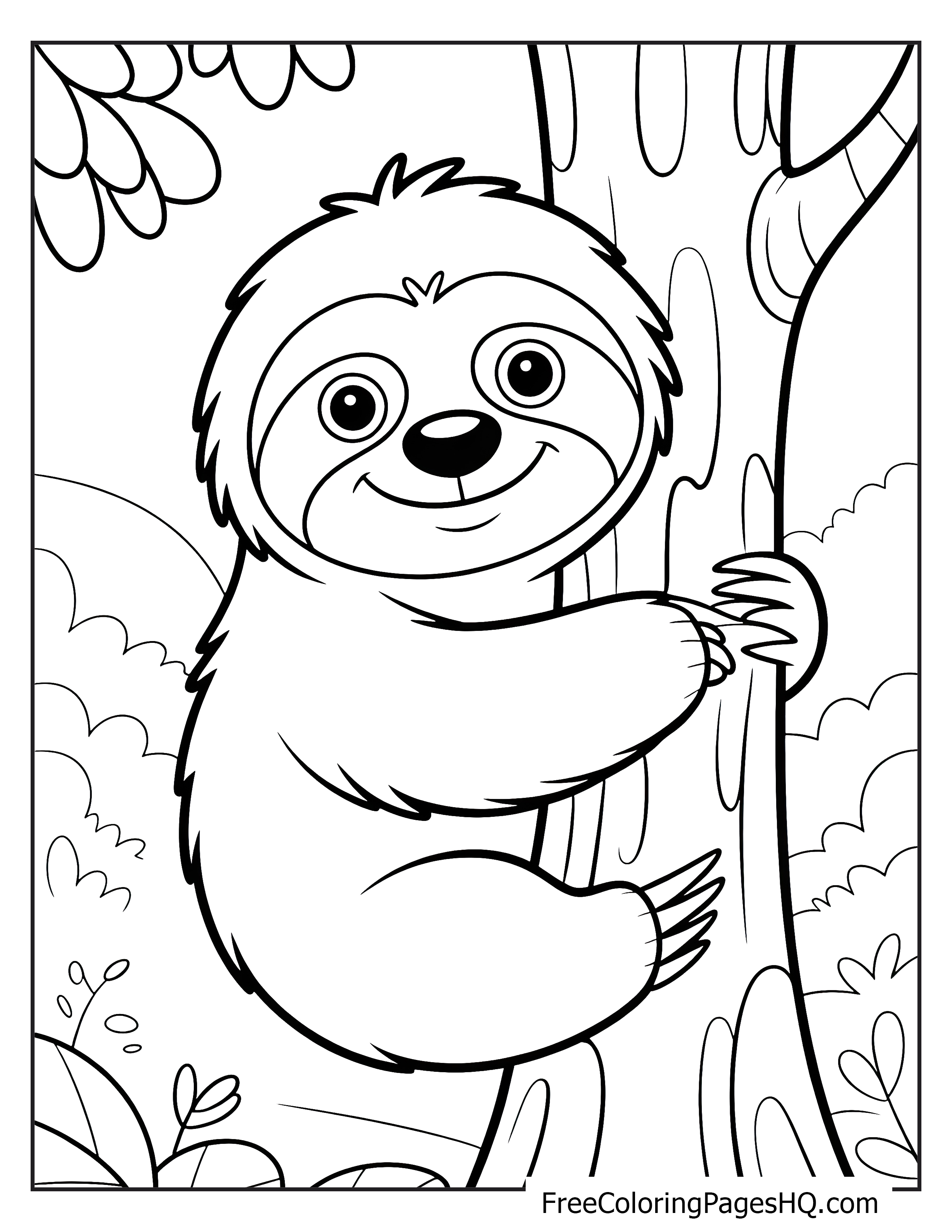 A cheerful sloth hugging a tree with a big smile in the jungle setting.