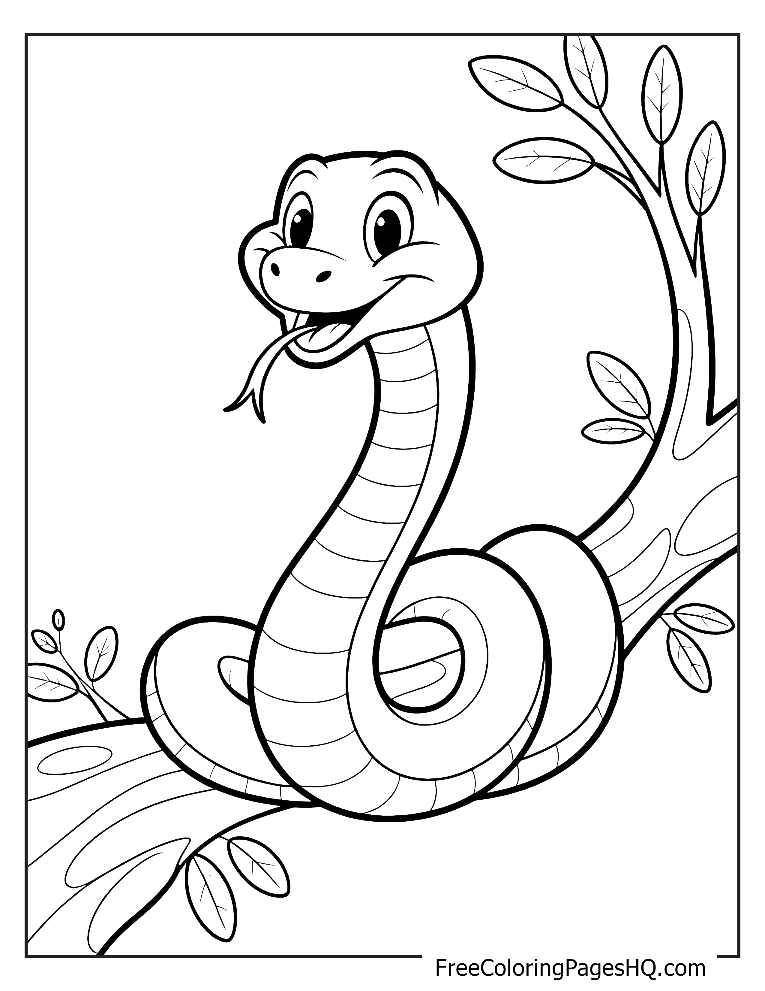 A friendly snake with a smiling face is curled around a branch, surrounded by leaves.