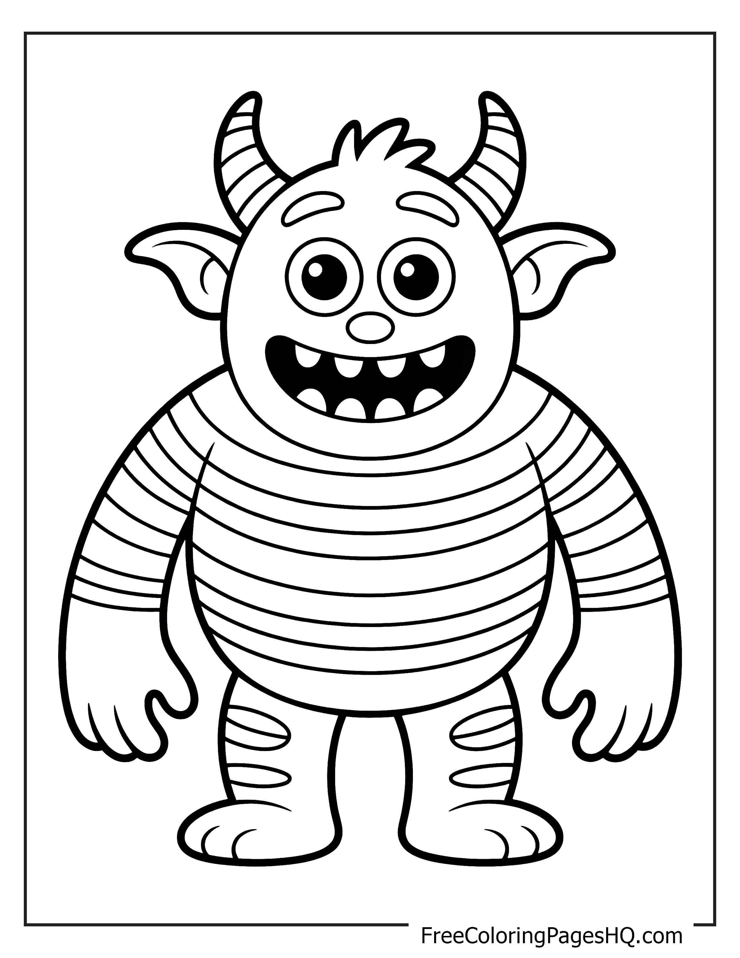 A smiling monster with stripes and horns.