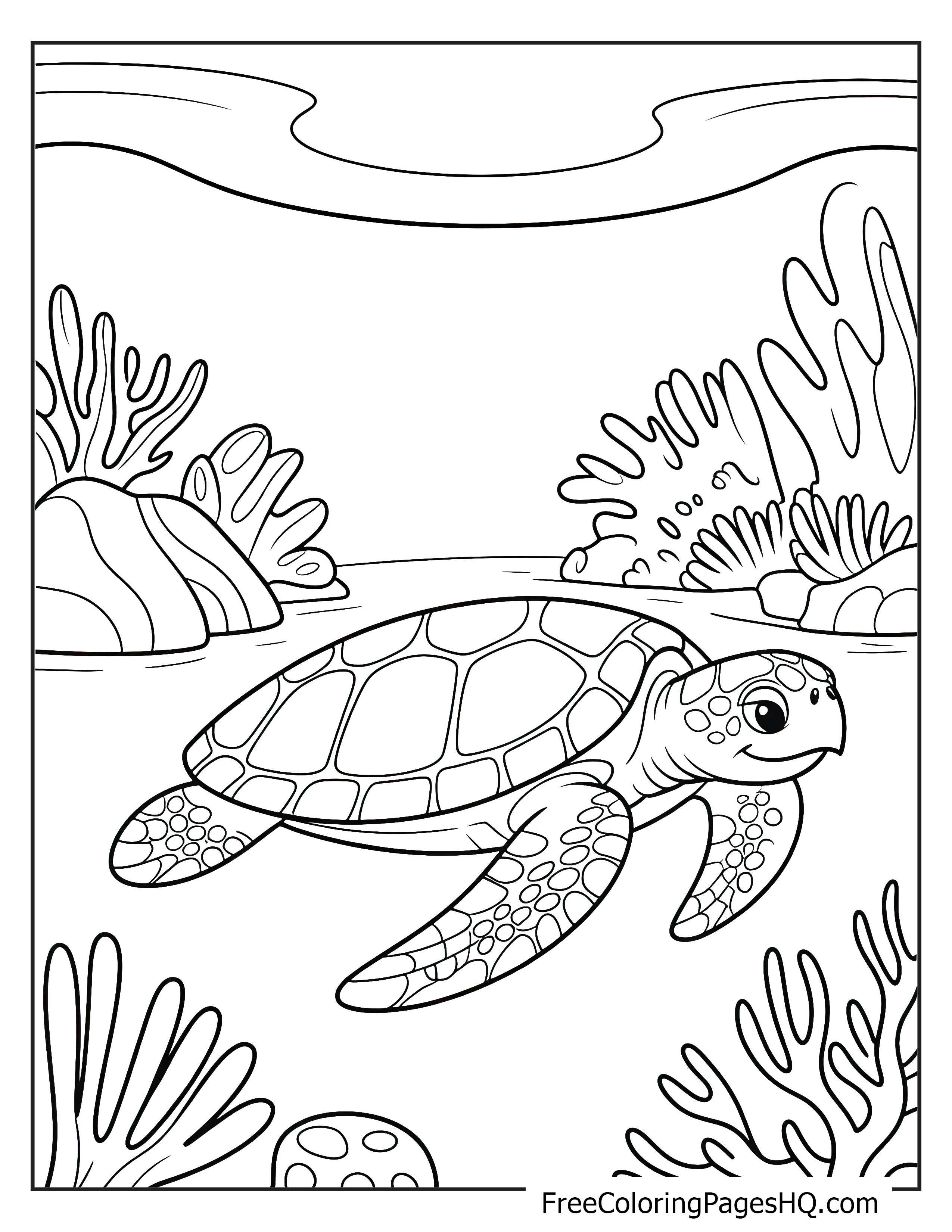 A smiling turtle swimming through coral reefs in the ocean.