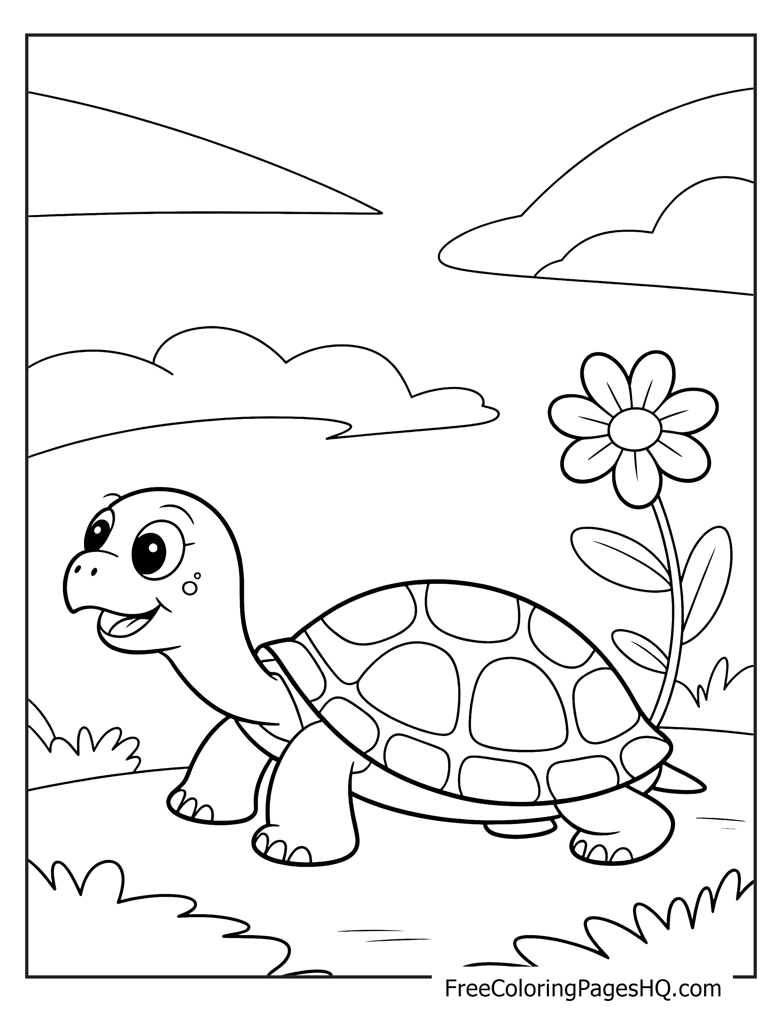 Smiling turtle walking near a flower in a sunny meadow.