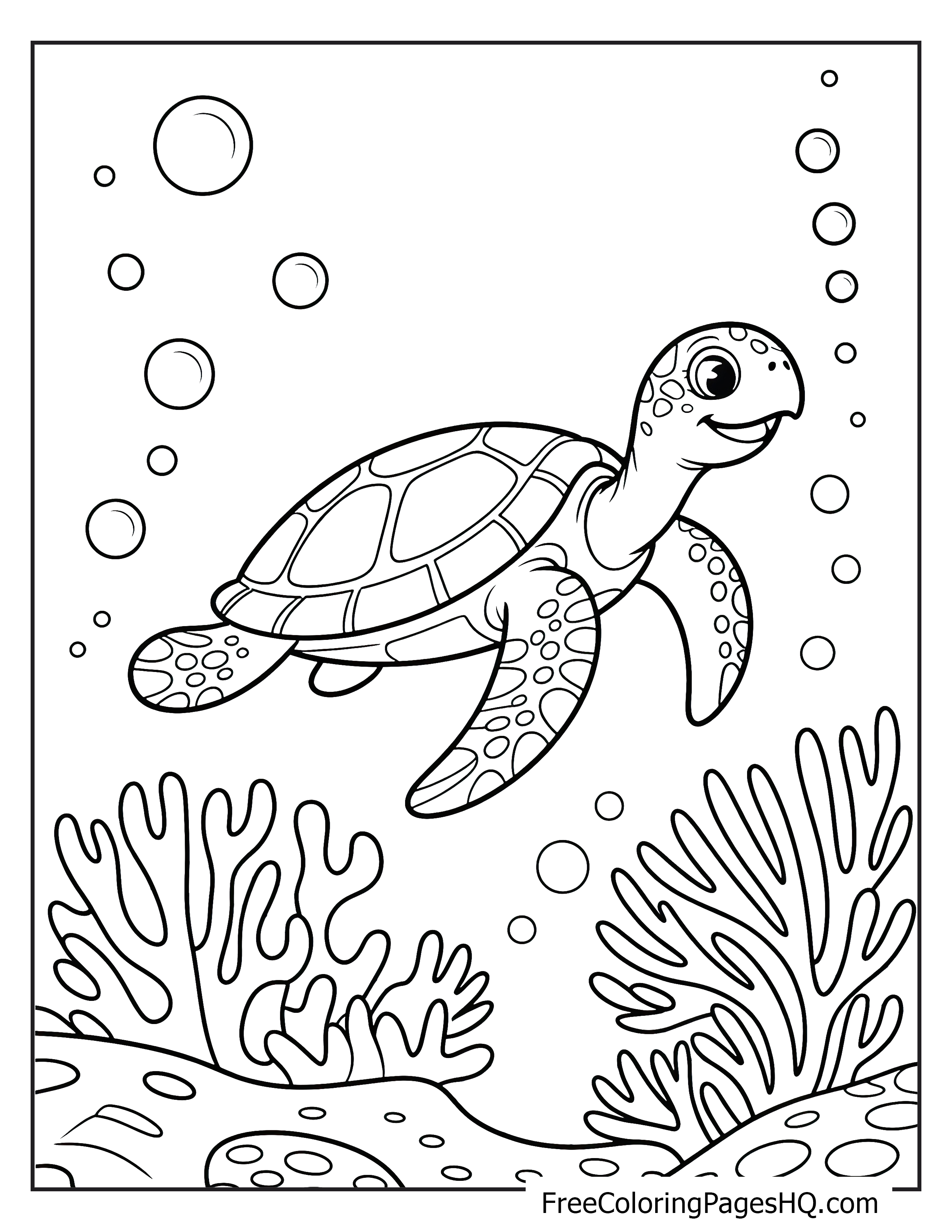 A smiling turtle swims underwater with bubbles and coral around.