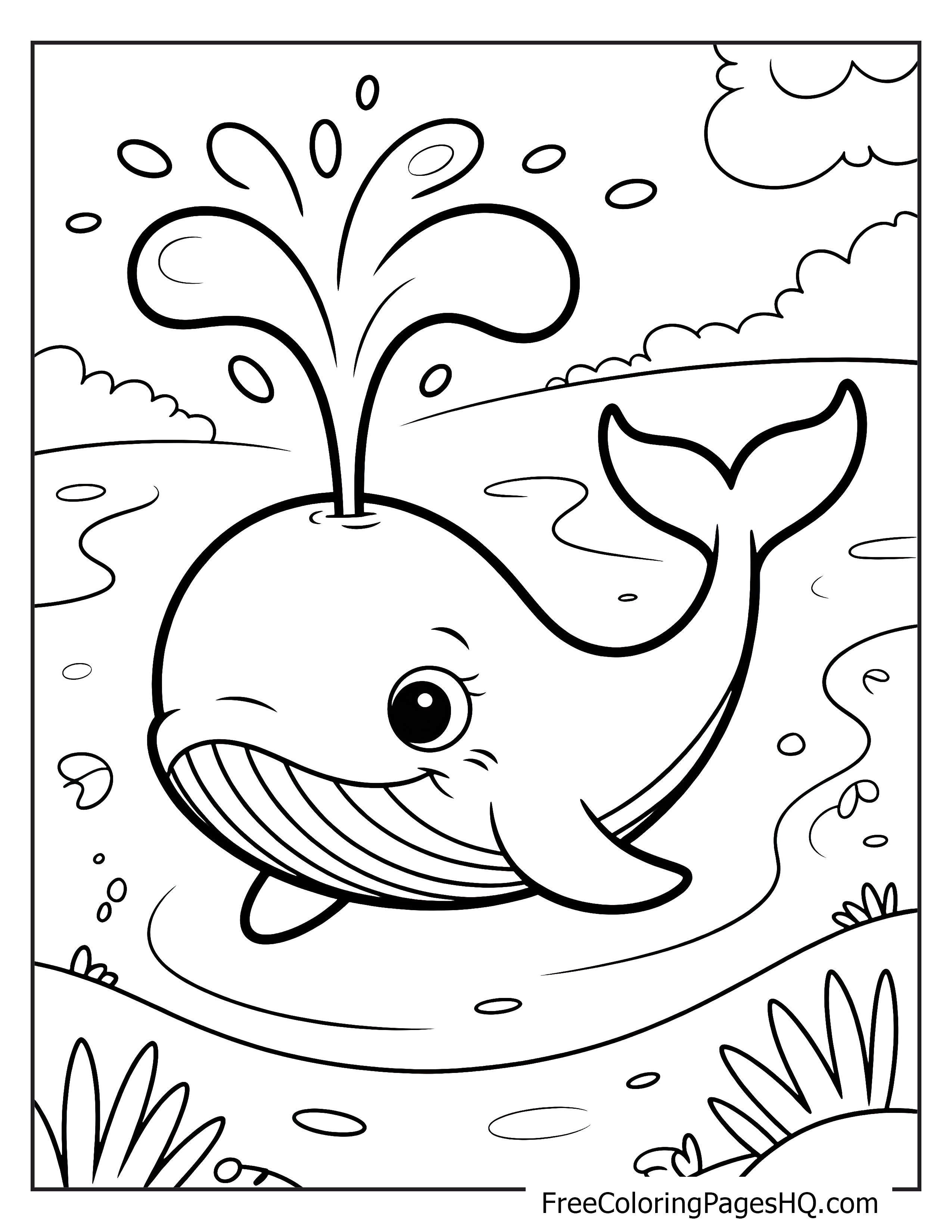 A smiling whale playfully sprays water in the ocean.