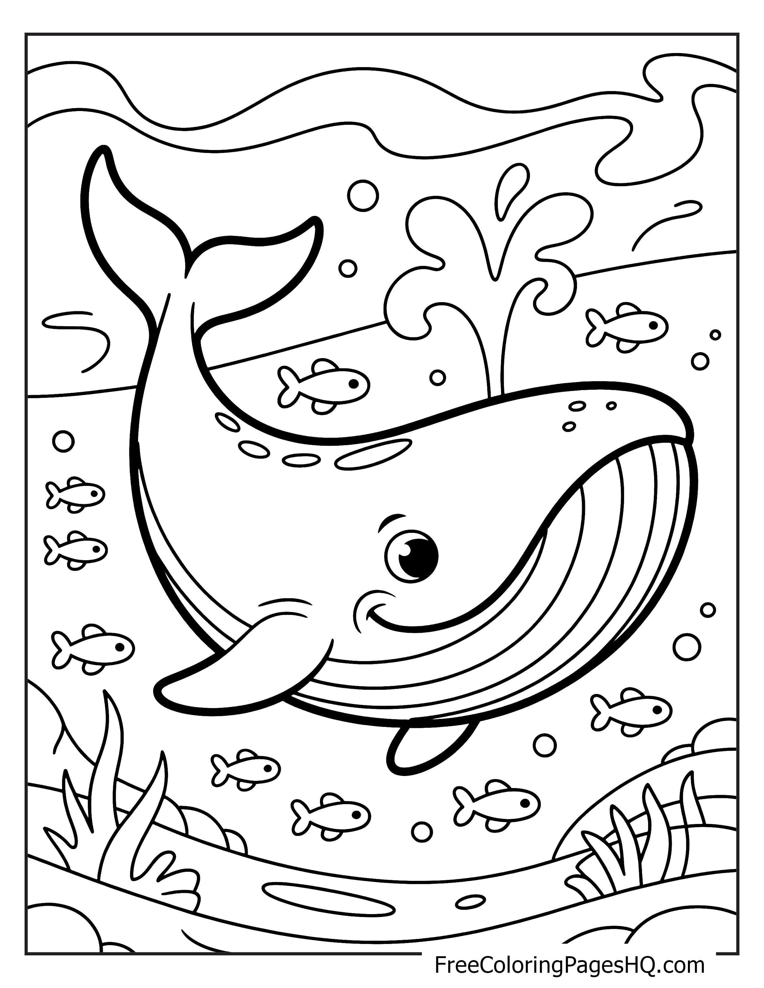 Smiling whale with water spout, swimming with small fish.