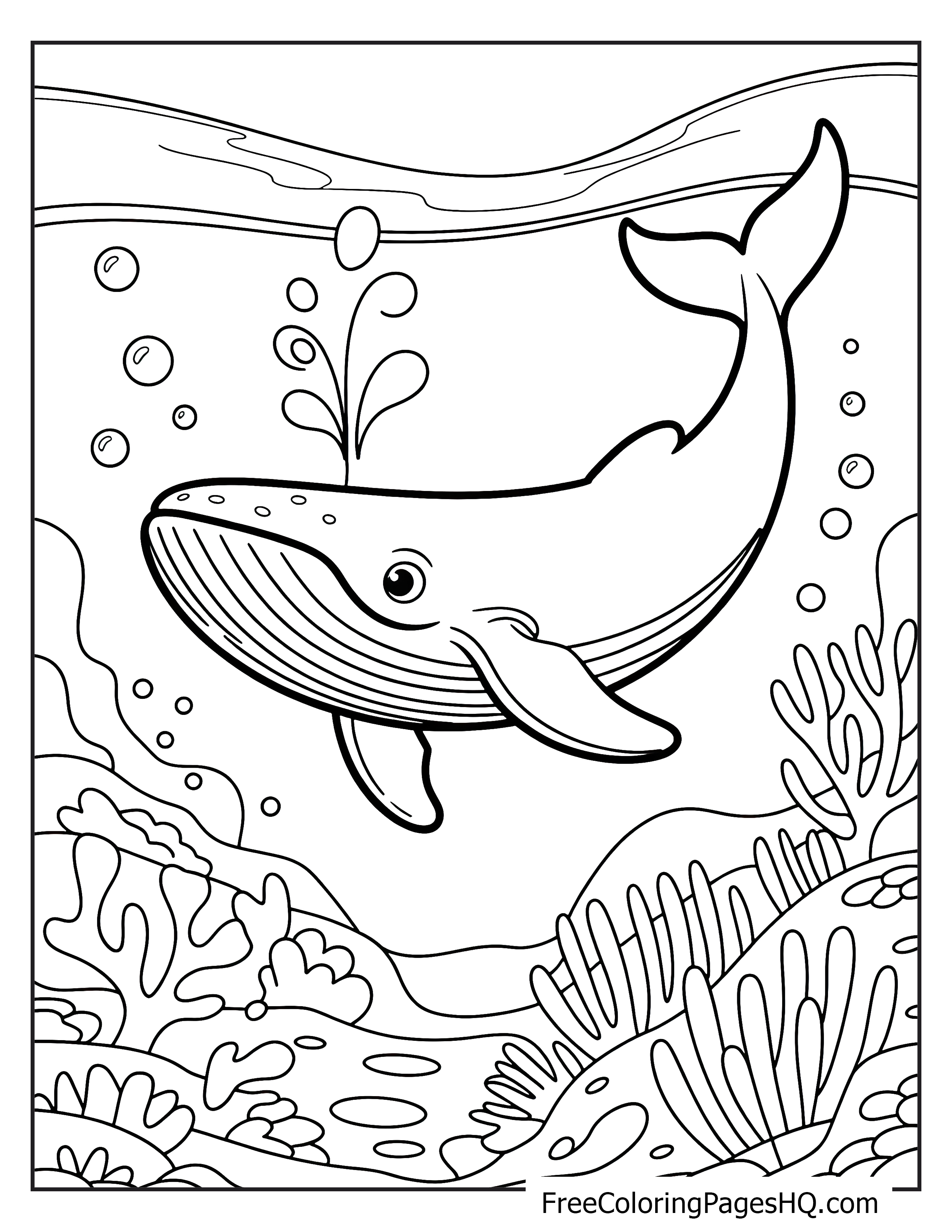 A smiling whale swims through a vibrant underwater scene, blowing water.