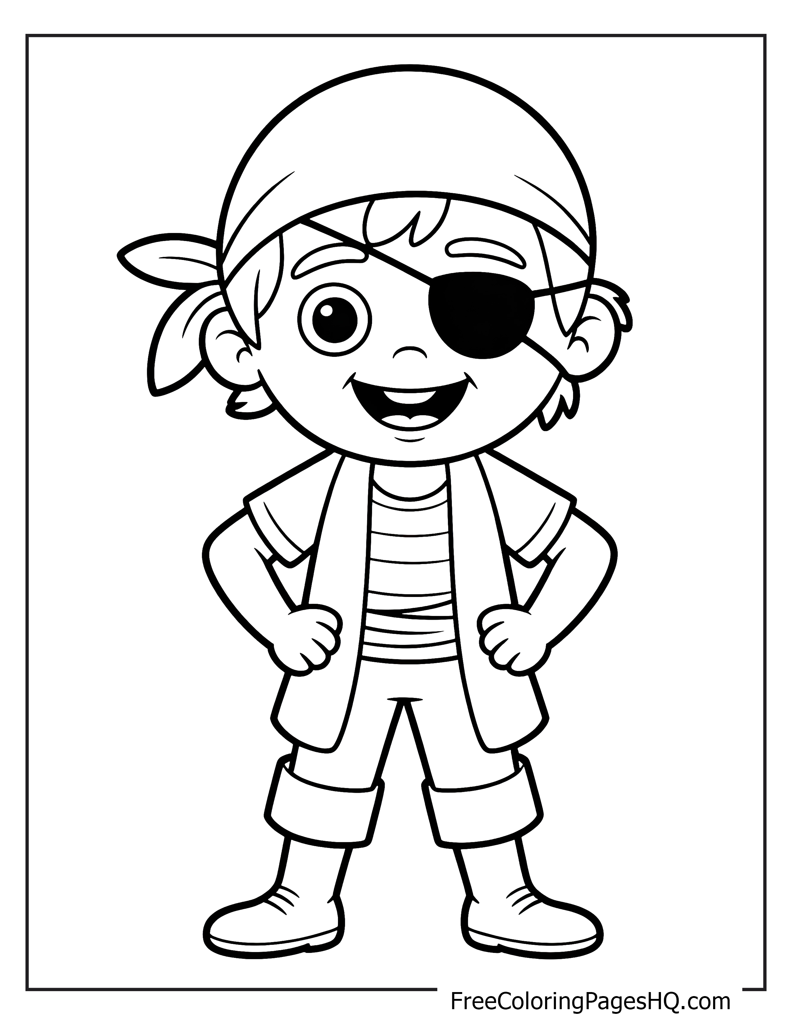A smiling child dressed as a pirate with an eye patch and bandana.