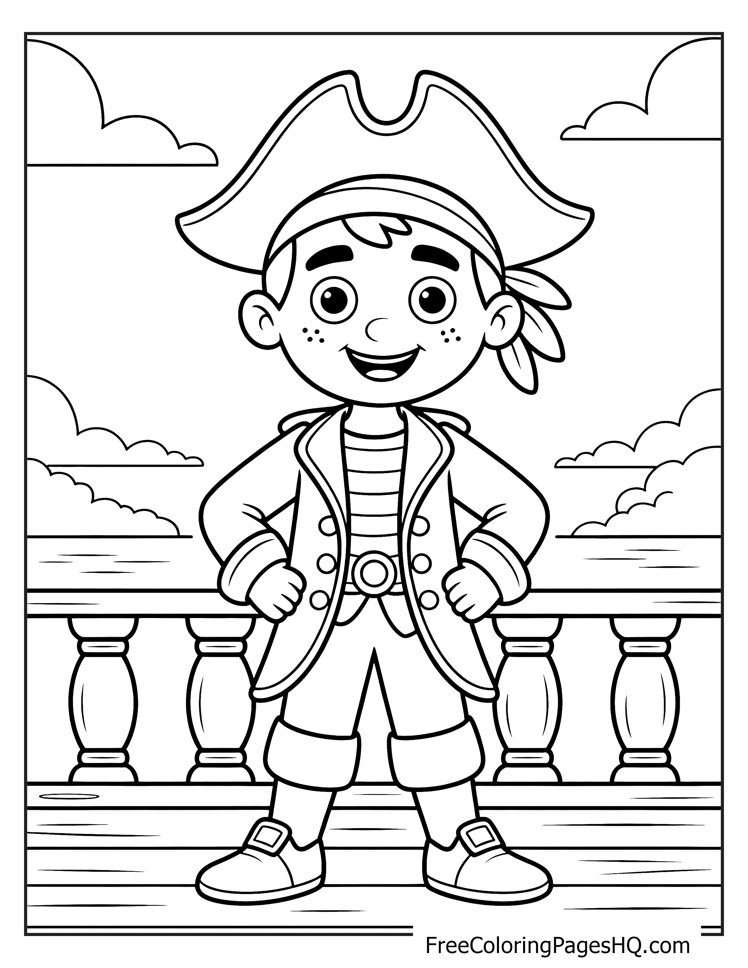 A young pirate cheerfully stands on a ship deck with ocean waves around.
