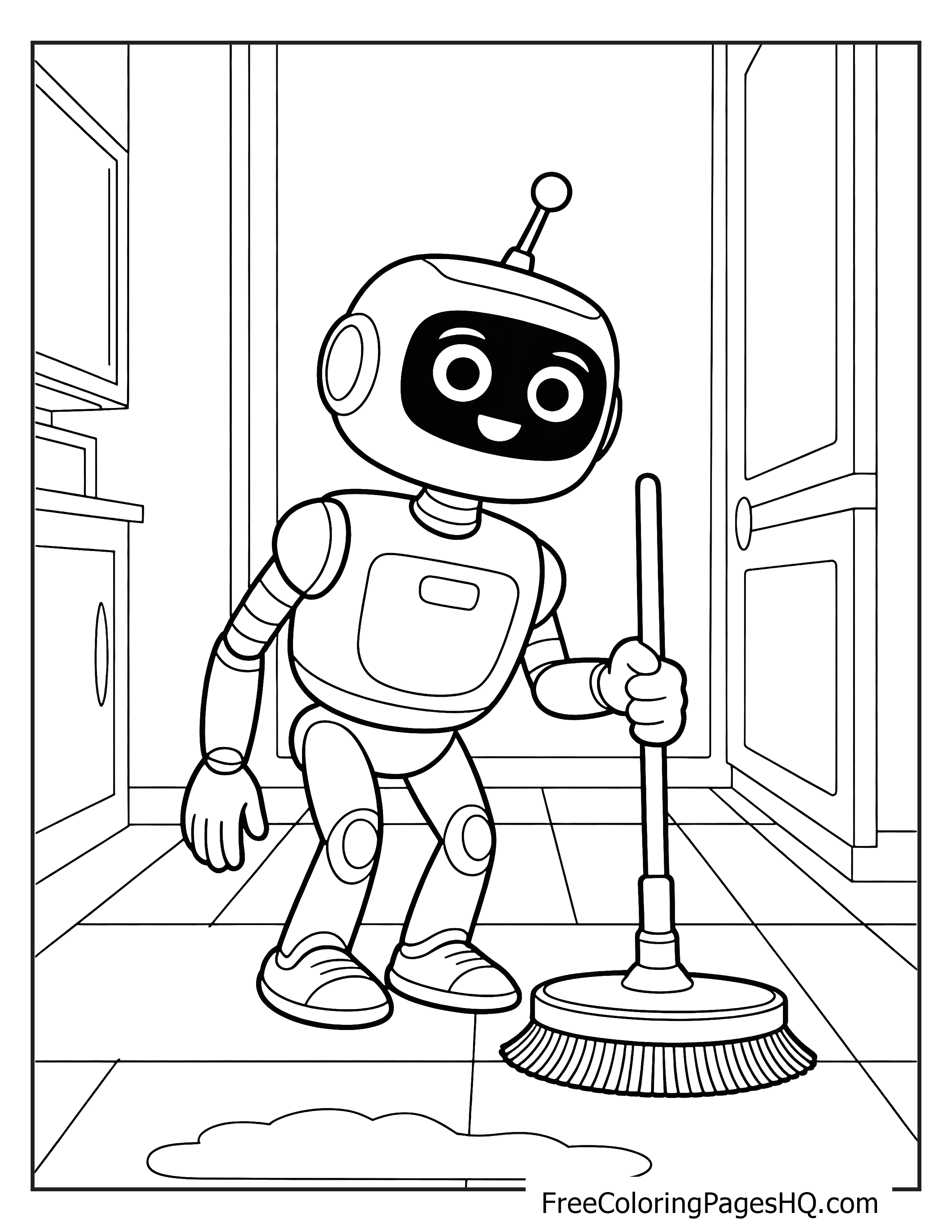 A friendly robot with a broom cleaning the kitchen floor.